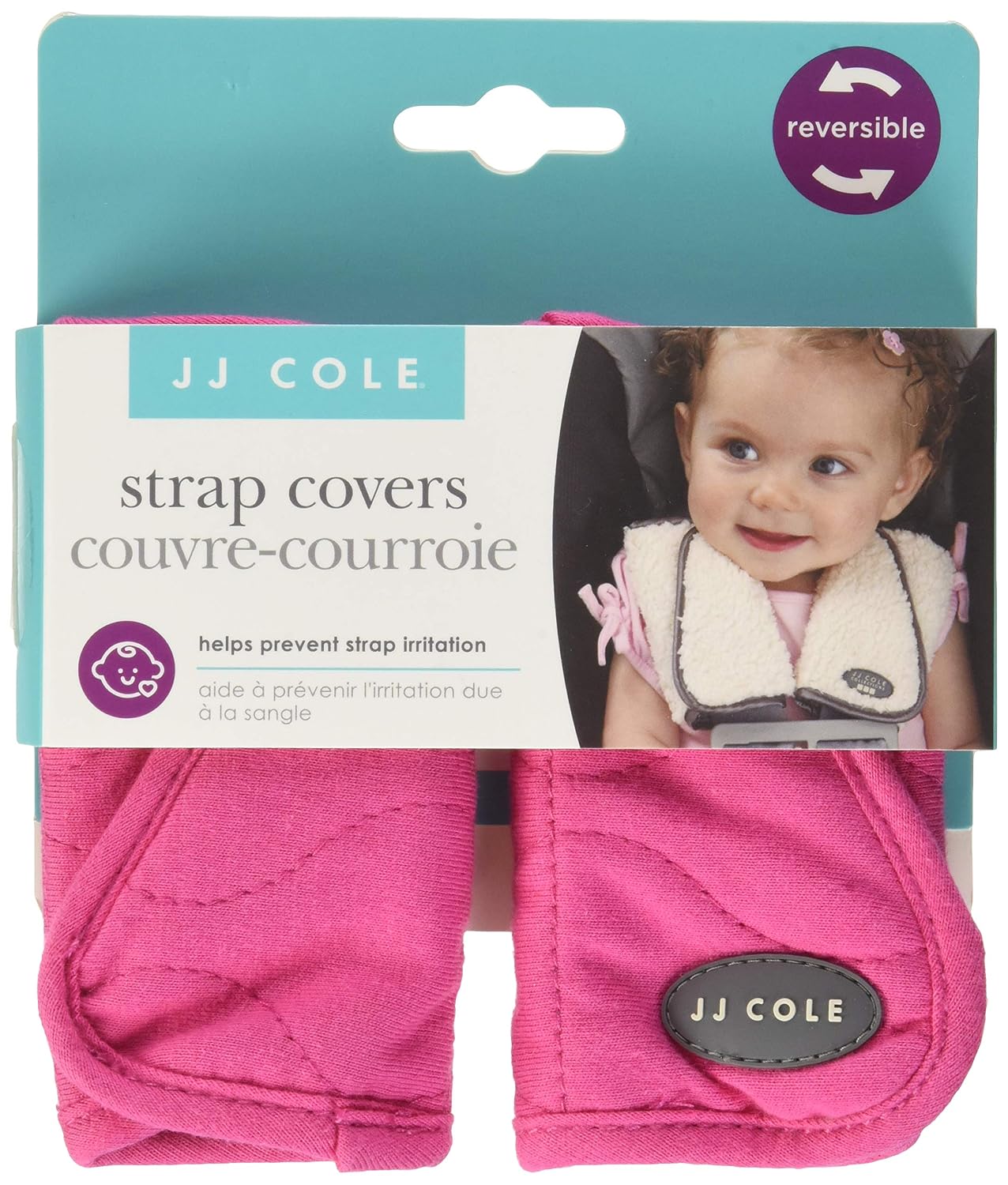 JJ Cole - Reversible Strap Covers, Seat Belt Cushion to Support Infants and Toddlers in the Car Seat or Stroller, Sassy Bright Pink Wave, Birth and Up