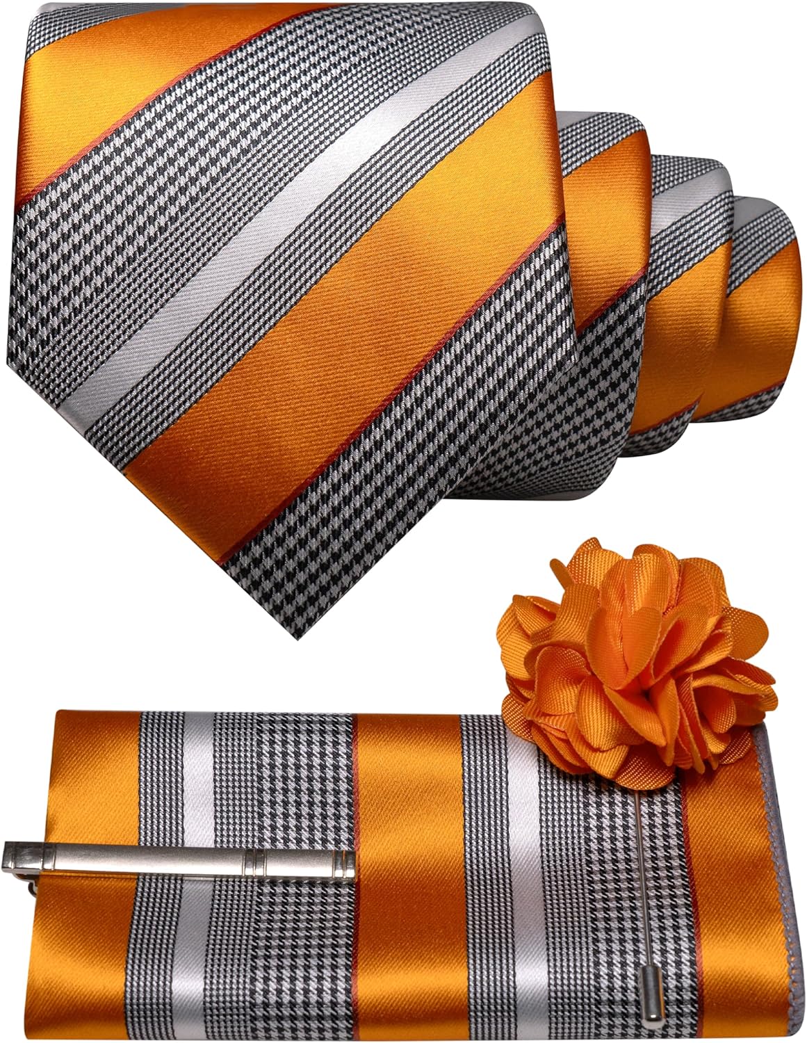 JEMYGINS Mens Striped Tie and Lapel Pin Necktie Pocket Square and Tie Clip Sets for Business Casual 4PCS