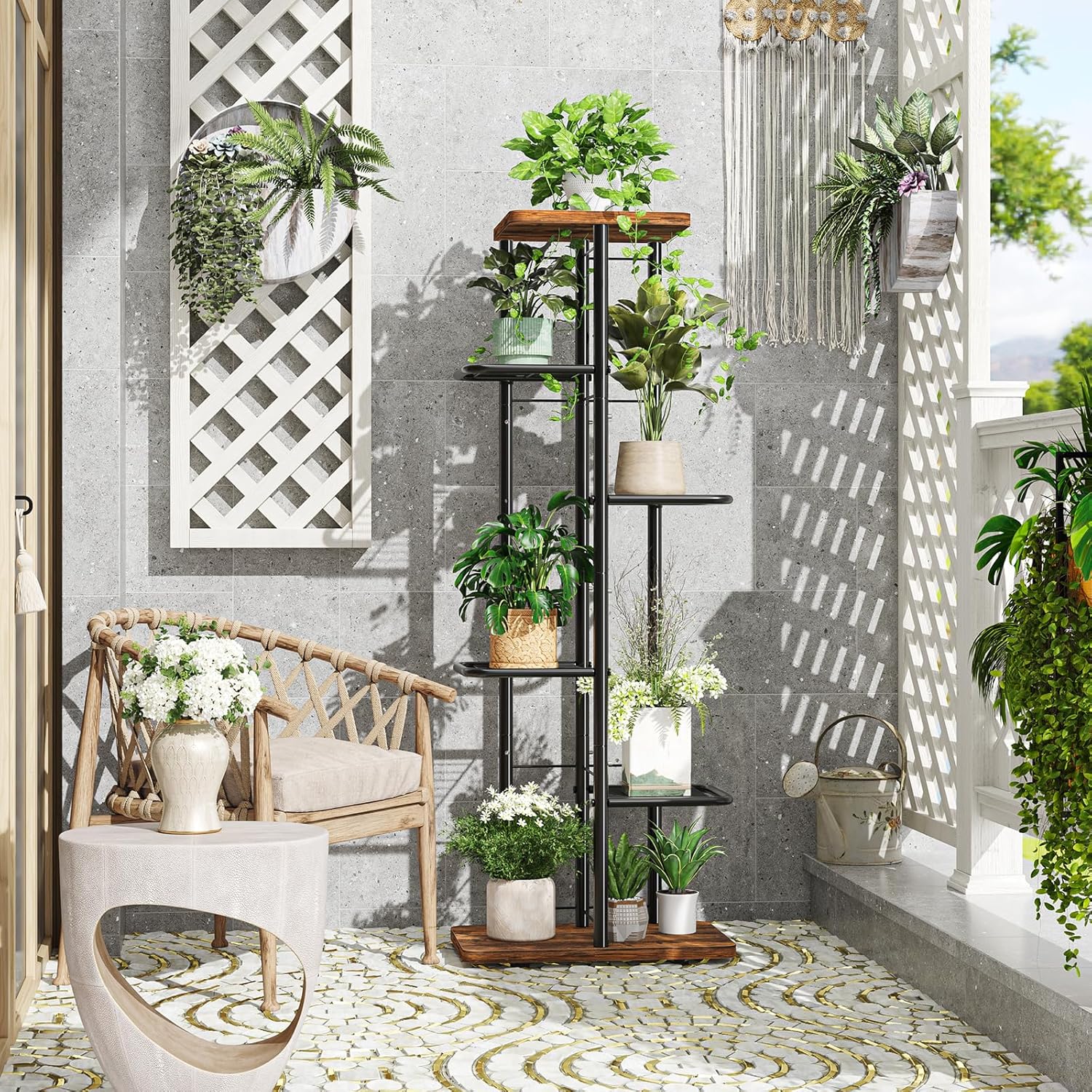 Simple Trending Plant Stand Indoor, Tall 6 Tier Metal Plant Shelf for Multiple Plants, Tiered Flower Pot Stands for Patio Garden Balcony Living Room Bedroom, Brown
