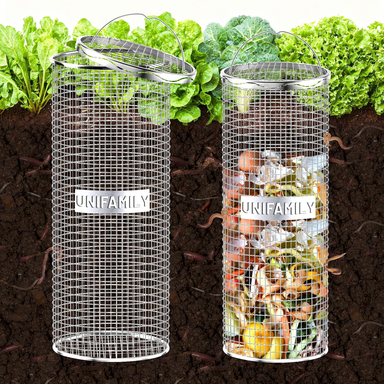 UNIFAMILY 2pack Inground Worm Composting Bin, Stainless Steel Outdoor Compost Bin with Handle, Worm Composter, Worms Bins for Composting Recycling Kitchen Food Waste (Compost Bin with Handle)