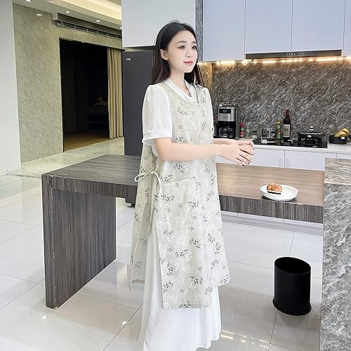 Miniatura 4 de Pinafore - Delantal japonés, de algodón y lino, con espalda cruzada para mujer, con bolsillos, vestido con lazos en la cintura