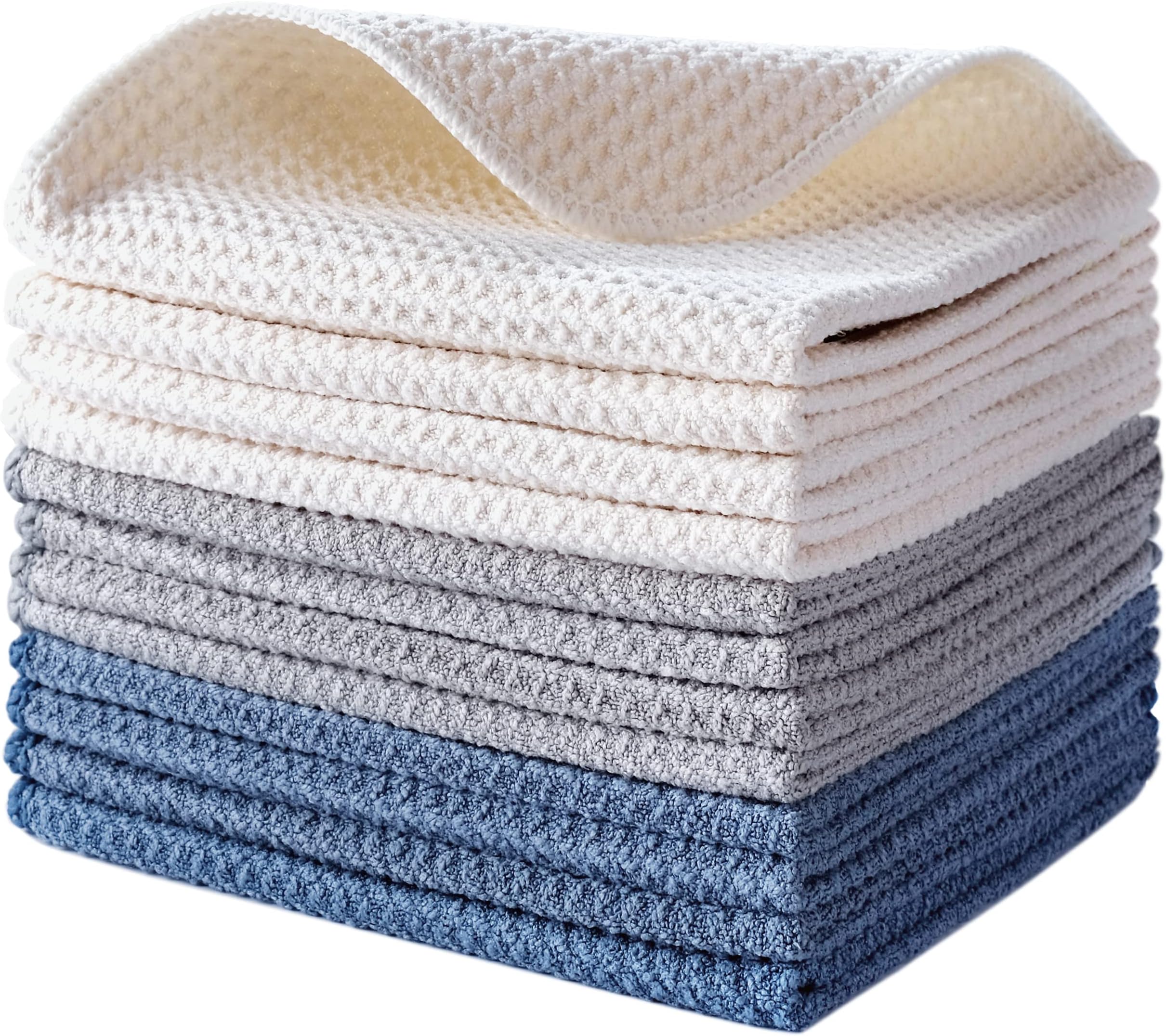 POLYTE Premium Microfibre Kitchen Dish Cloth Waffle Weave (Dark Blue, Gray, Off White, 30x30 cm) 12 Pack