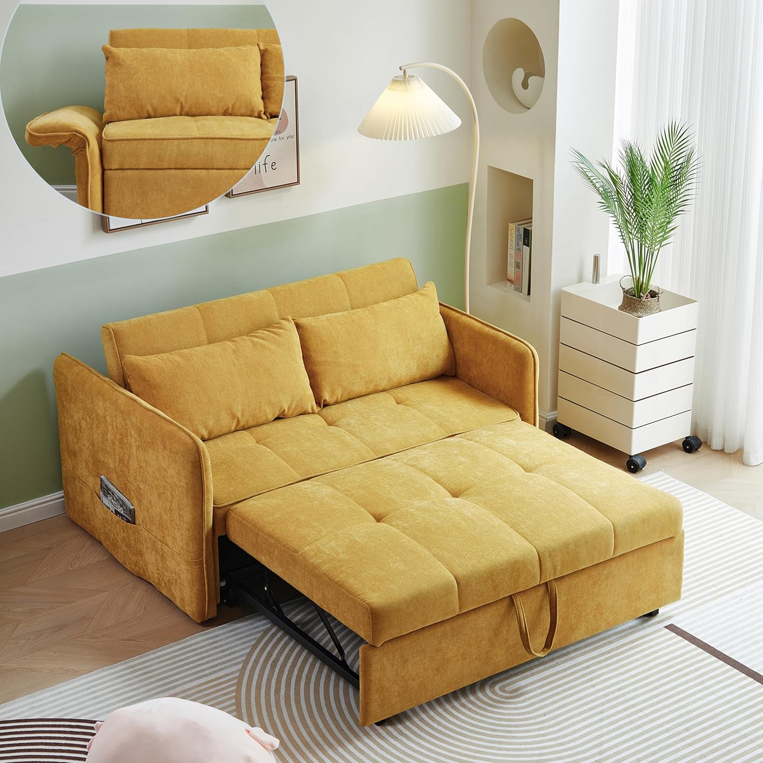 53.5-Inch Compact Loveseat Sofa with Pull Out Sleeper Couch Bed, Modern Chenille Upholstered Tufted Loveseat Futon Sofa Bed Convertible Sleeper Sofabed W/Adjustable Armrests for Living Room Bedroom