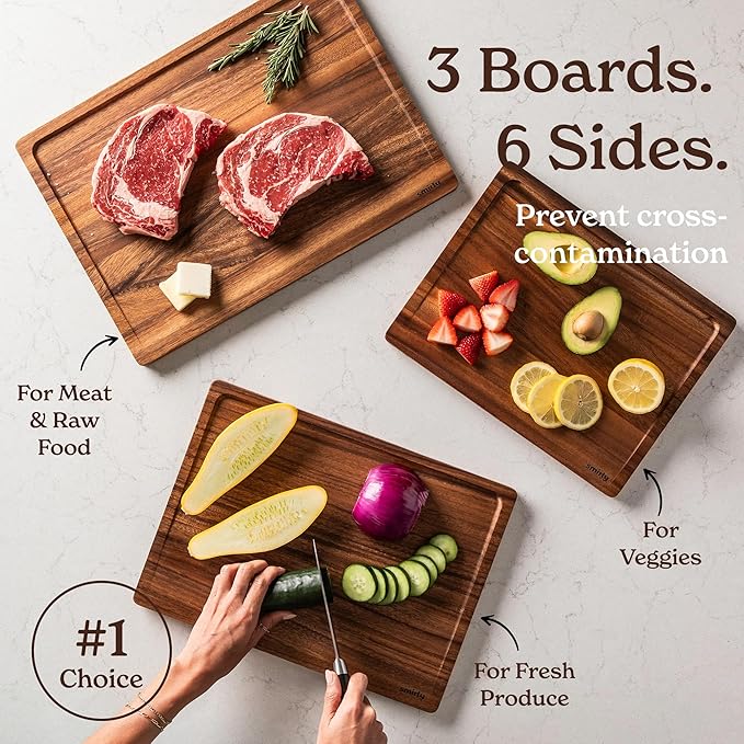 The SMIRLY Wood Cutting Board Set is a versatile kitchen essential, designed to meet a variety of culinary needs. This set includes three durable wooden boards crafted from natural walnut, known for its strength and aesthetic appeal. Each board is reversible, providing a functional and hygienic surface for cutting, chopping, and serving. The use of natural walnut adds an element of elegance, making the boards not only practical but also visually pleasing for any kitchen setup.