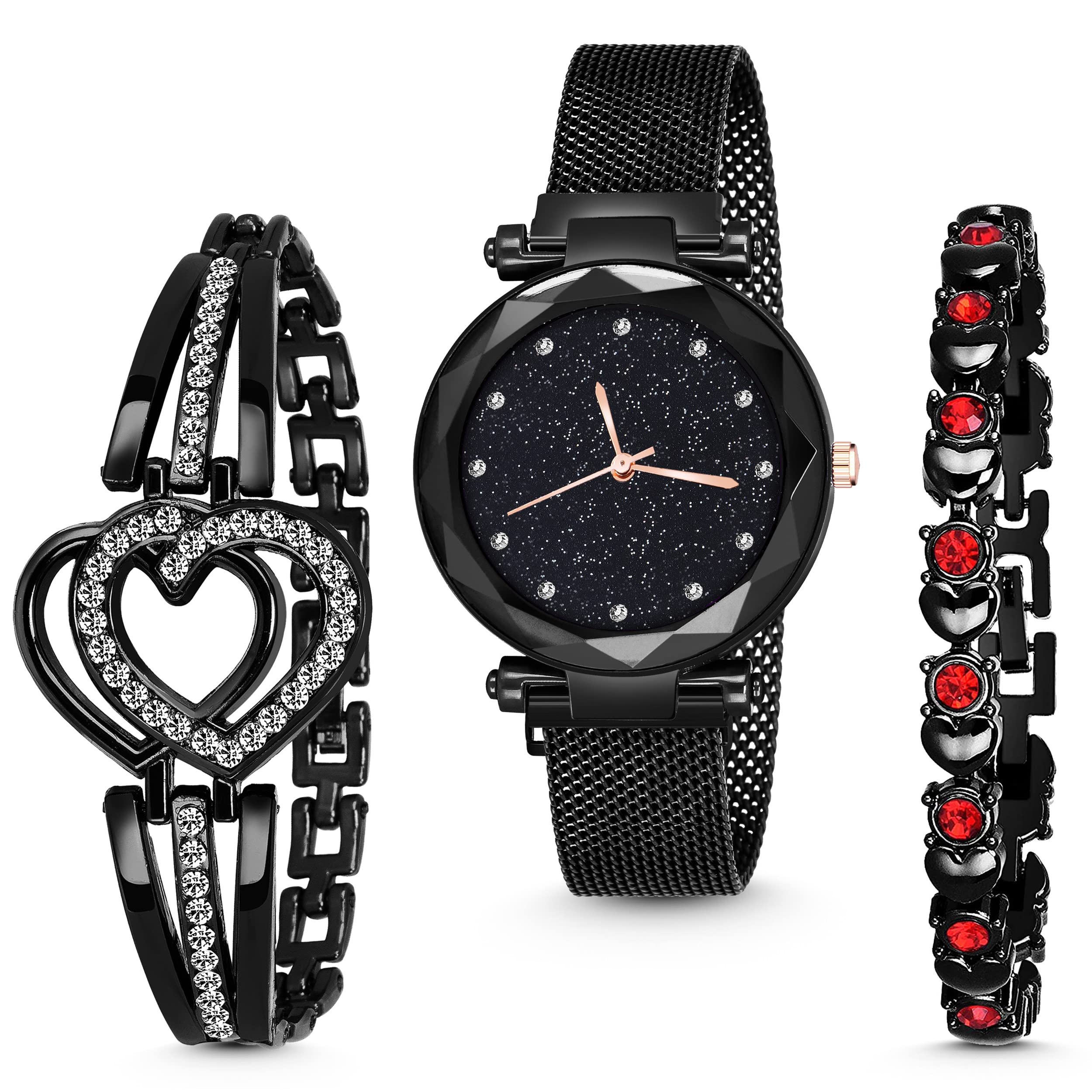 MARCLEX Analogue Black Color Diaond Studded Magnet Watch with Gift Bracelet for Girls Watches for Women Watches Stylish Branded (Combo of 3) (B097F3TL4W) Amazon Price History, Amazon Price Tracker