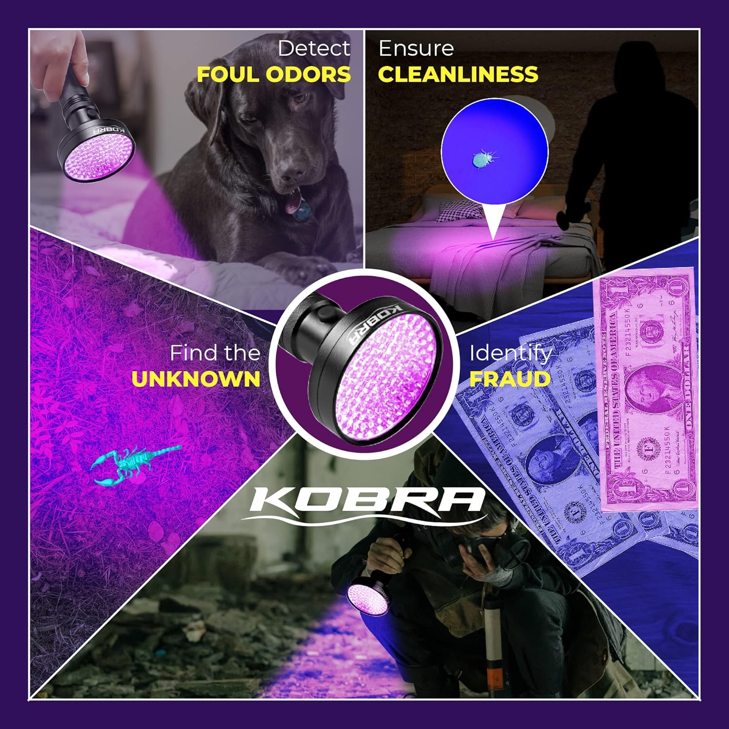 Kobra UV Black Light Flashlight 395nm - 100 LED Portable UV Light & Black Light for Pet Urine Detection - Home or Hotel Bed Bugs, Leaks & Counterfeit Money Inspection - 18W, (Black)