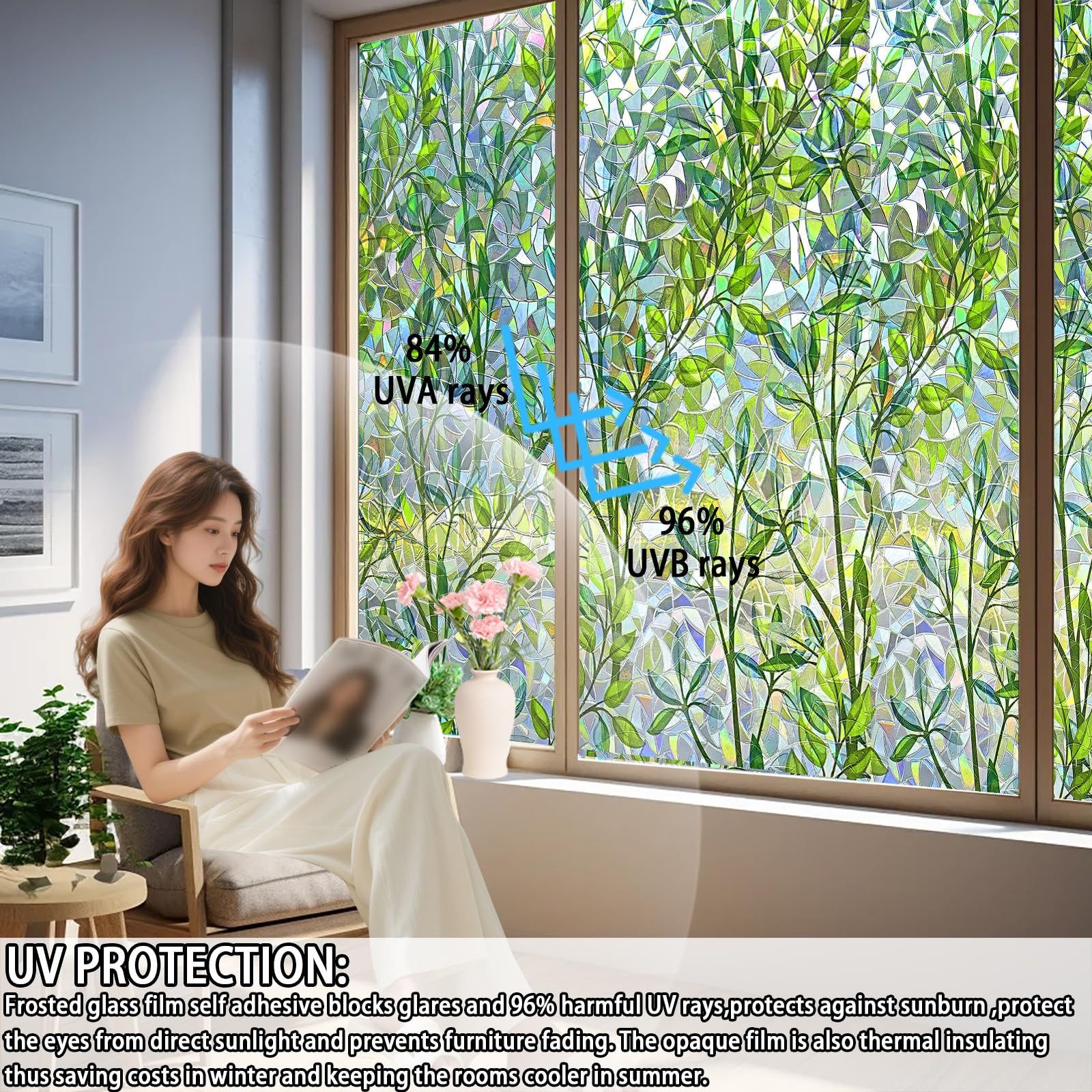 Fensterfolie Blickdicht 80 x 180 cm Selbstklebend, Hitzeschutz, Anti Uv, Sonnenschutz, Wiederverwendbar, Ohne Klebstoff Thermofolie Fenster Gegen Hitze für Zuhause, Blätter