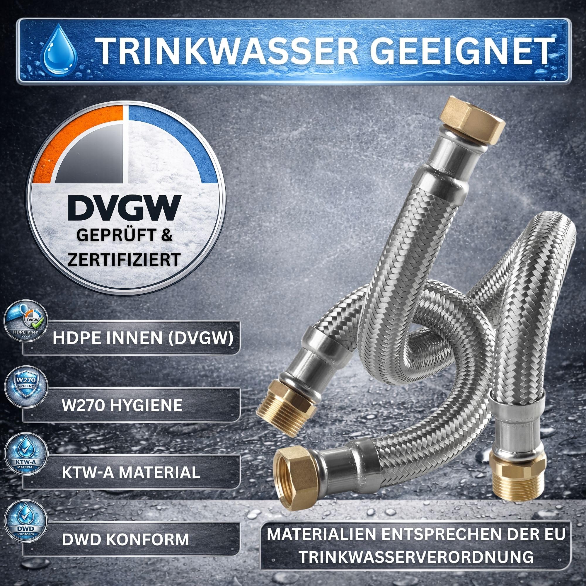 DVGW gep. Panzerschlauch 3/4 Zoll DN20 DN19 Edelstahl Flexschlauch Wasseranschluss Heizung Enthärtungsanlage mit Edelstahlumflechtung | 150 cm Überwurfmutter x Außengewinde