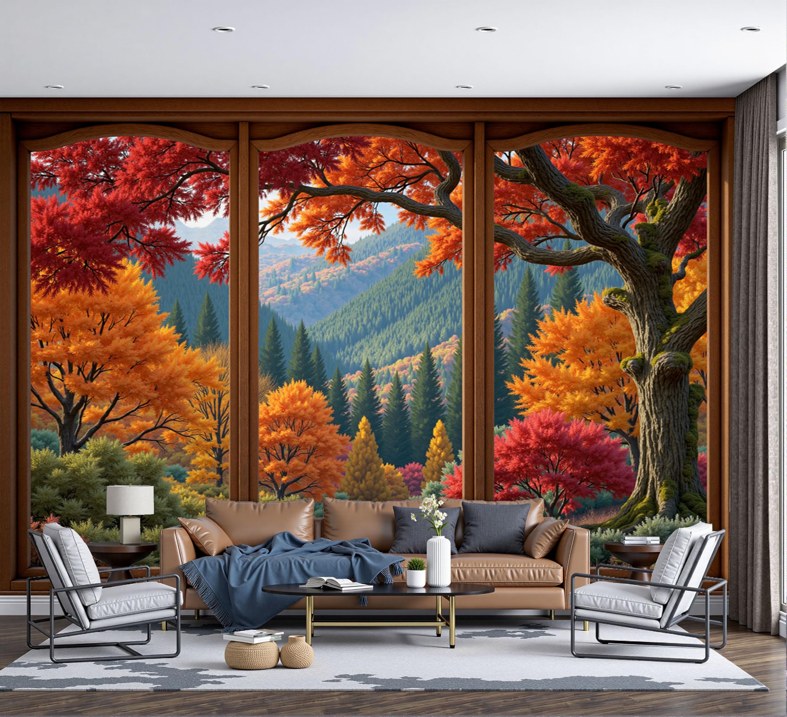 Papier peint forêt d'érables rouge vif effet fenêtres en bois pour illuminer un salon sombre