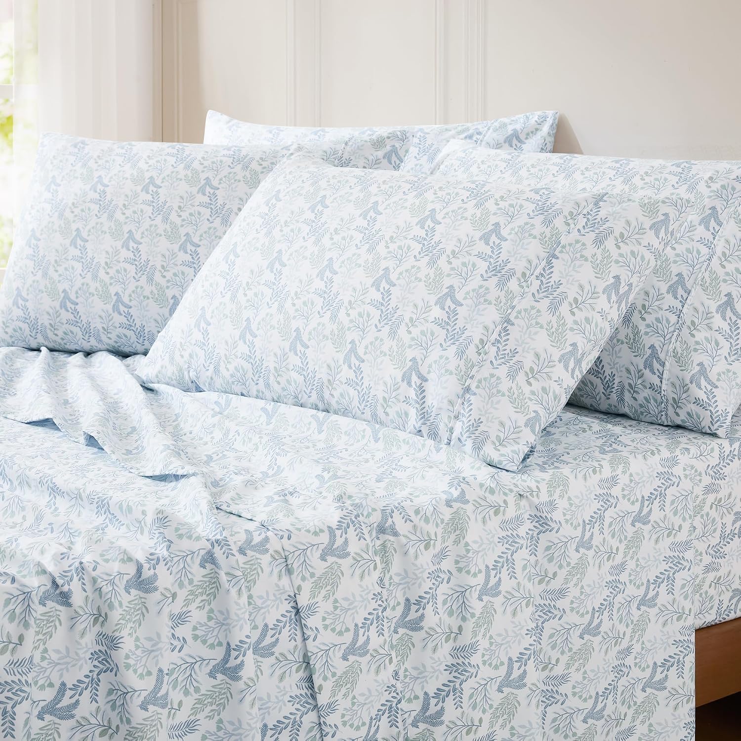 Lush Decor Botanical Leaf and Floral Sheet Set 6 Piece Set Full Blue - Floral Bed Sheets - Kids Bedding - Full Sheets - Farmhouse & Country Cottage Decor