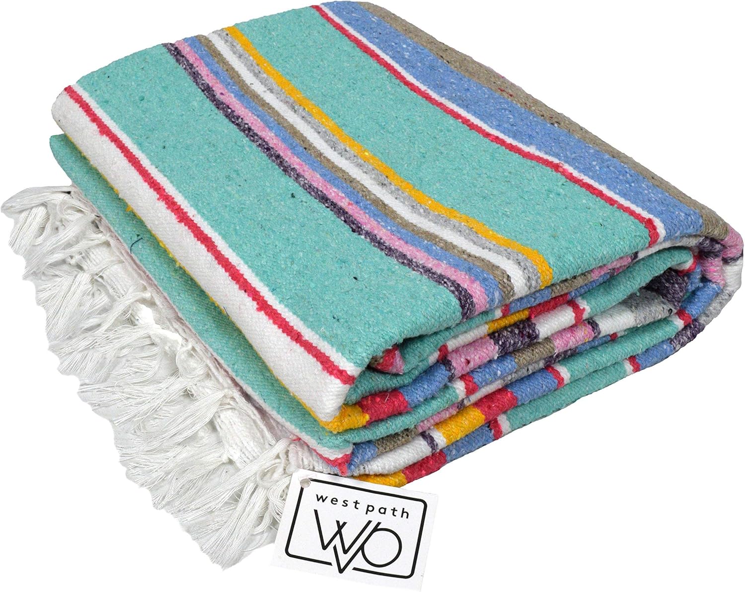 Open Road Goods Authentic Mexican Serape Blanket – 100% Cotton Falsa Throw - Multi-Color Handmade Blanket/Classic Striped Falsa Beach Blanket (Mint)