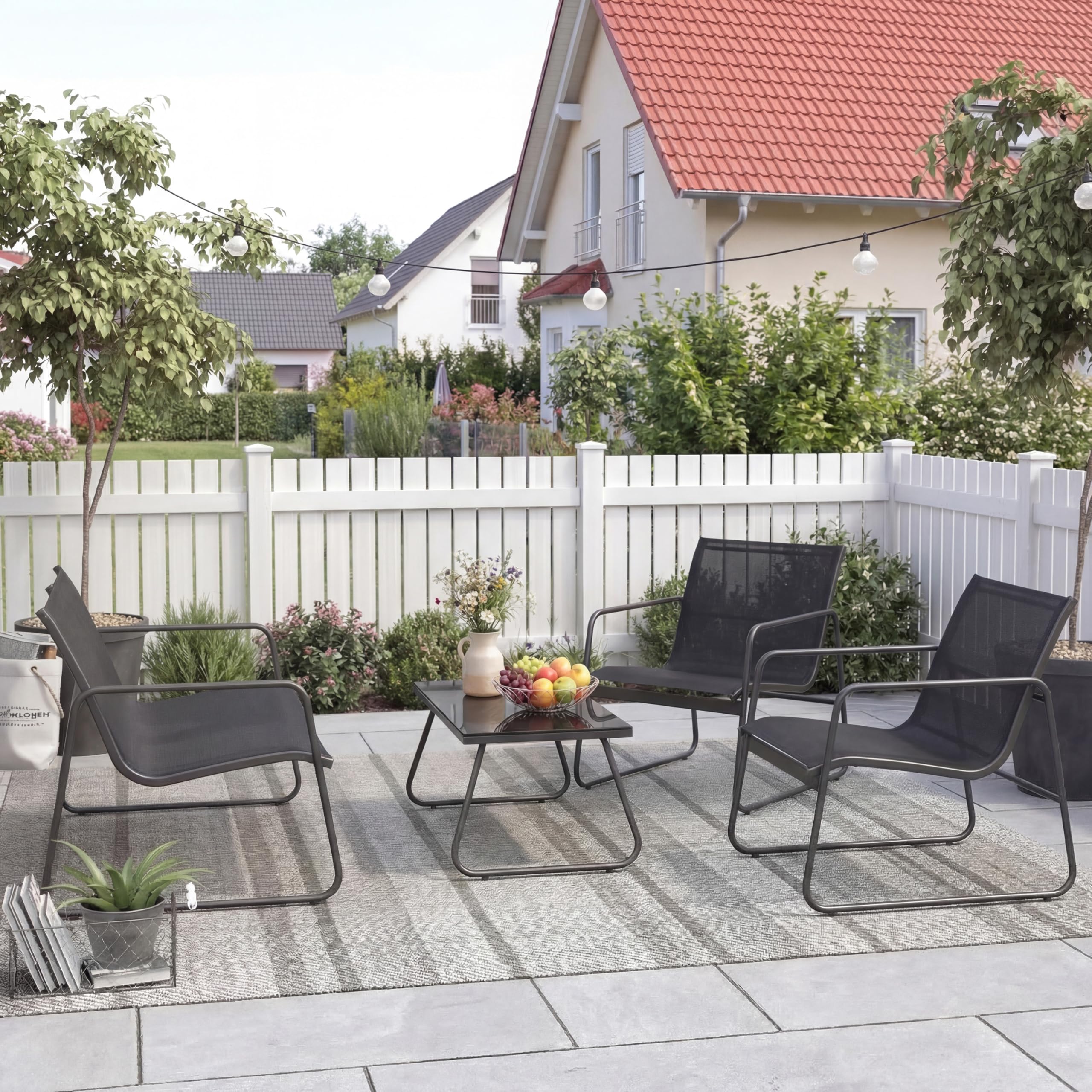 Grand patio Ensemble de Mobilier d'extérieur, 4 PC, Chaises du Porche, 3 Chaises et 1 Table en Verre, Textile, Meubles Terrasse pour Toutes Les Saisons, Maison, Jardin et Extérieur (Noir, Large)