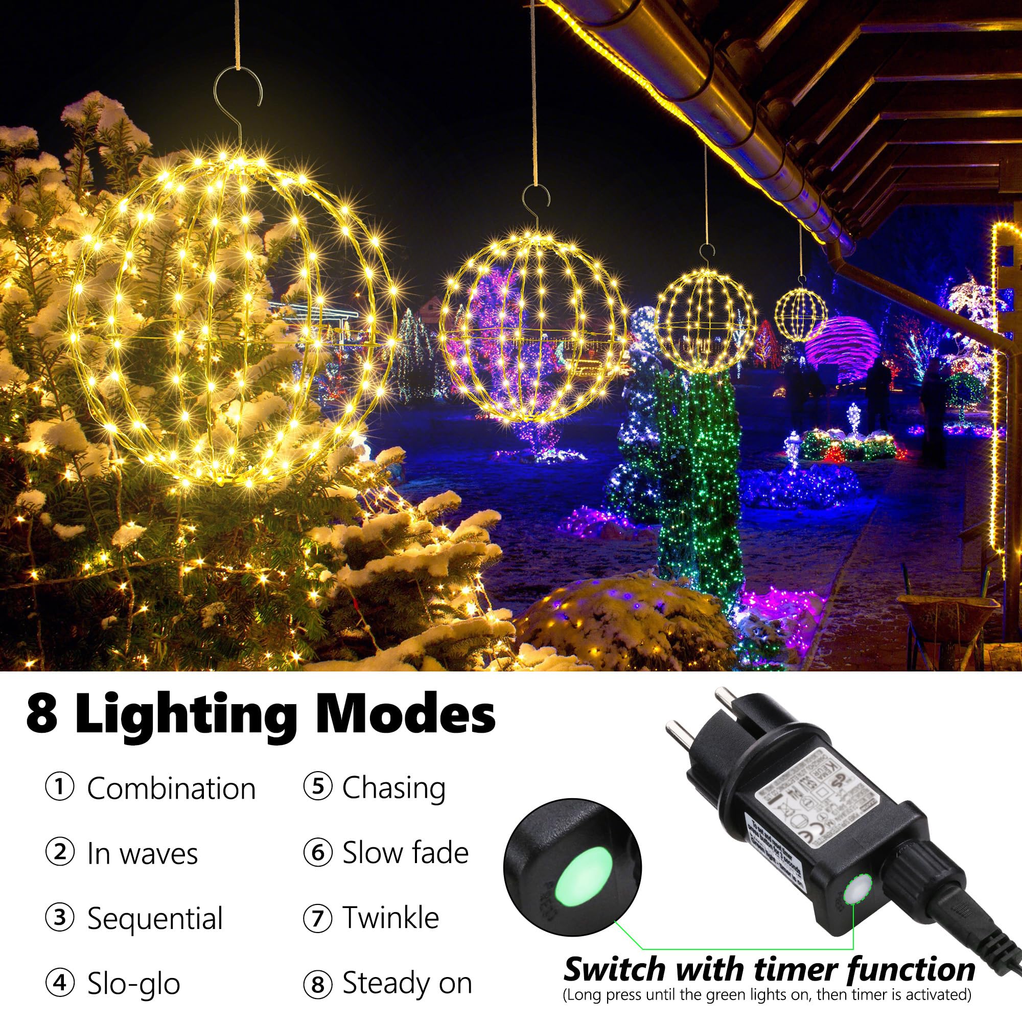 Joomer Weihnachtsbeleuchtung Außen Strombetrieben Groß 2 Stück Warmweiß | Hängende Kugel Lichter Timer 50cm 288 LED + 45cm 256 LED Weihnachtsdeko Innen 8 Modi Wasserdichte für Garten Party Wohnzimmer
