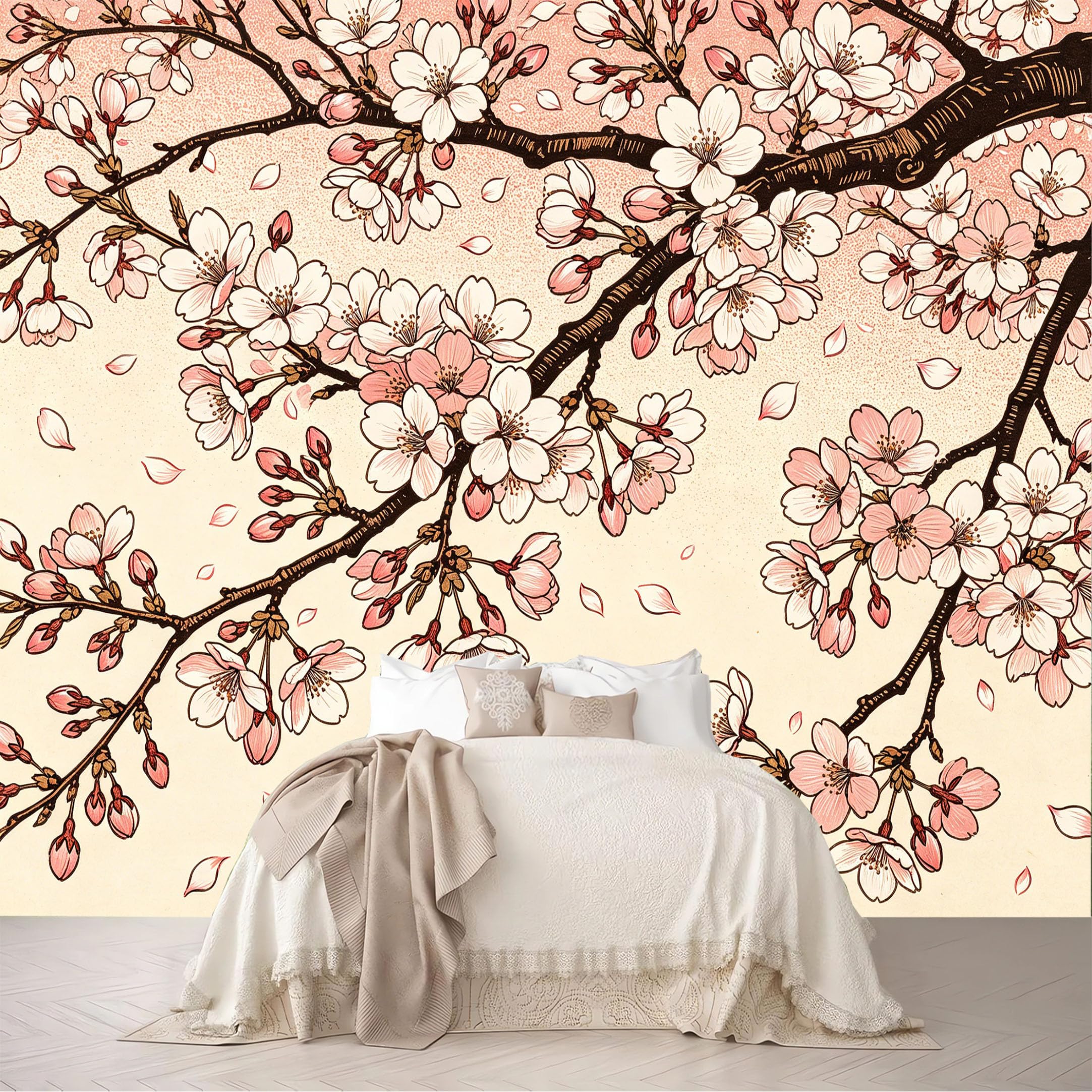 Dskjoviality Ab260706065 Custom Size Wall Mural Vintage Cherry Blossom Print Wallpaper Removable Self Adhesive Peel And Stick Wallpaper For Bedroom Living Room Dining Room