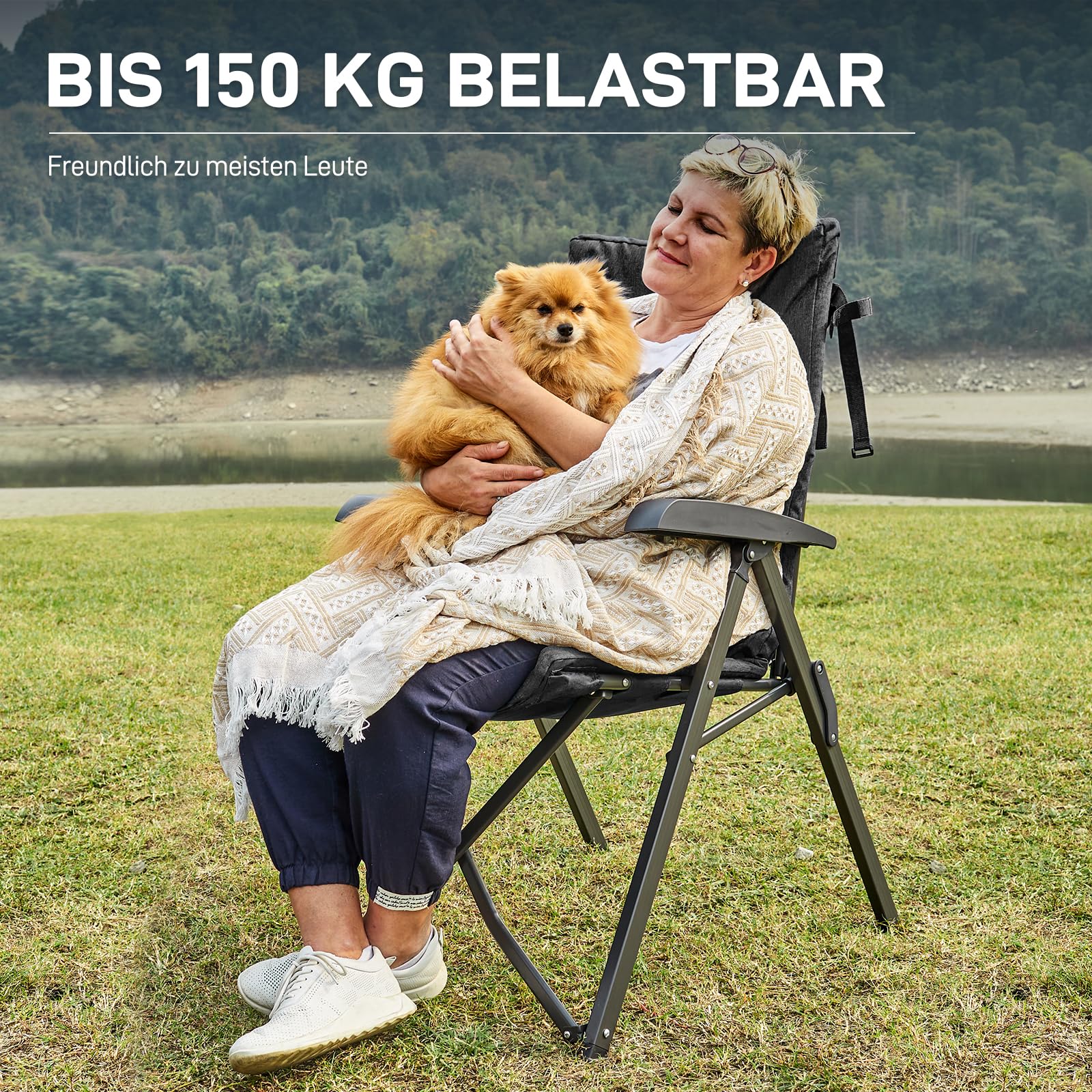 EVER ADVANCED Campingstuhl Faltbar Rückenverstellbar in 4 Positionen 150 KG Belastbarkeit Klappstuhl Luxus 6cm Dicke Gepolstert Gartenstuhl Hohe Lehne Angelstuhl für Camp Garten Balkon Alu+Stahl