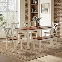 AMERLIFE 6-Piece Farmhouse Dining Set: 59-Inch Wood Table, 4 Chairs & Bench Seats 6, Space-Saving Rustic Kitchen Table Walnut White