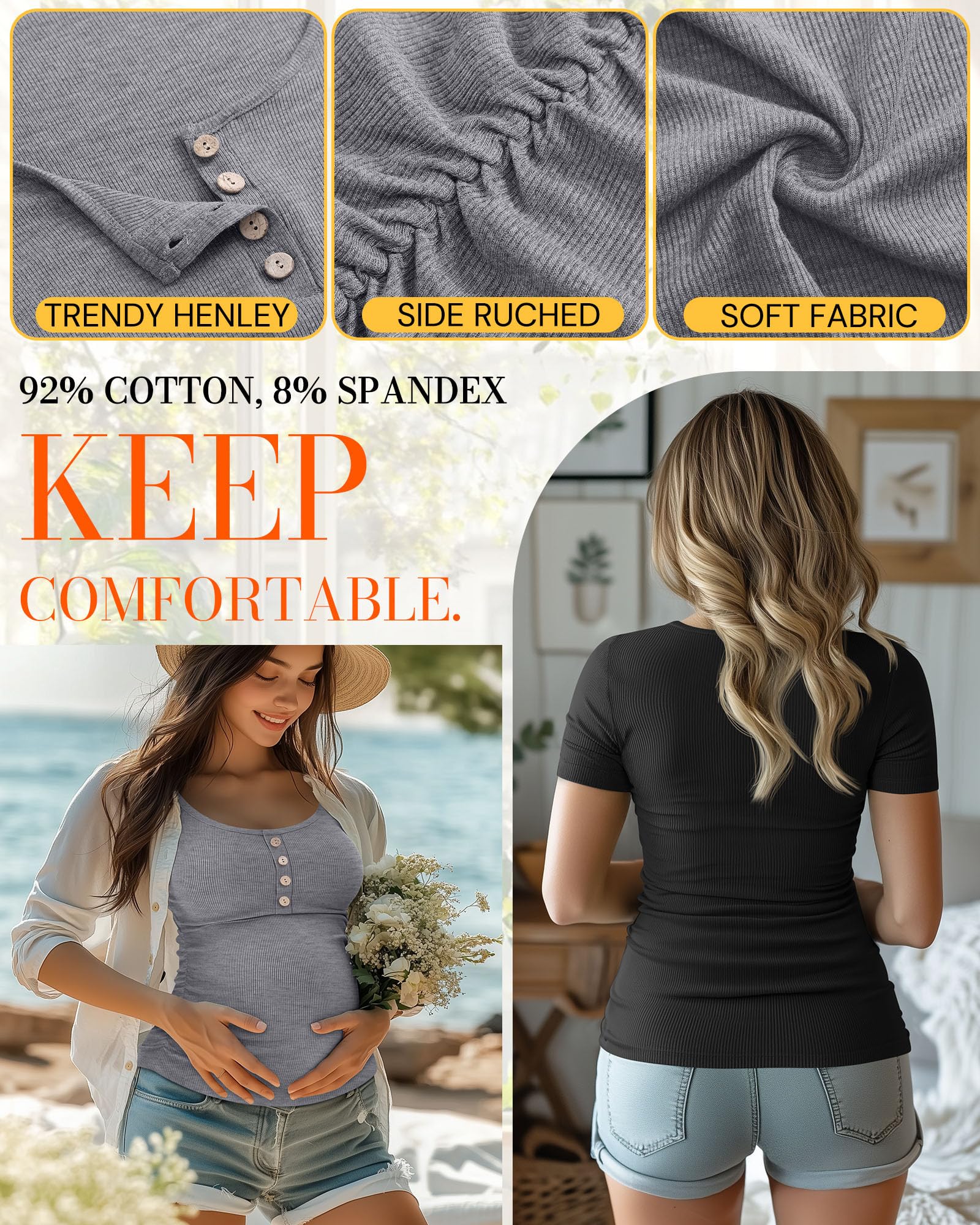 Xuniea Paquete de 4 Camisetas de Maternidad para Mujer, Manga Corta, Algodón Acanalado, Estilo Henley, con Fruncido Lateral