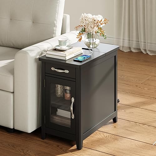 Miniatura 10 de LINSY HOME Mesa auxiliar con estación de carga, mesa auxiliar para dormitorio con cajón y soporte desmontable, estante de almacenamiento con puerta