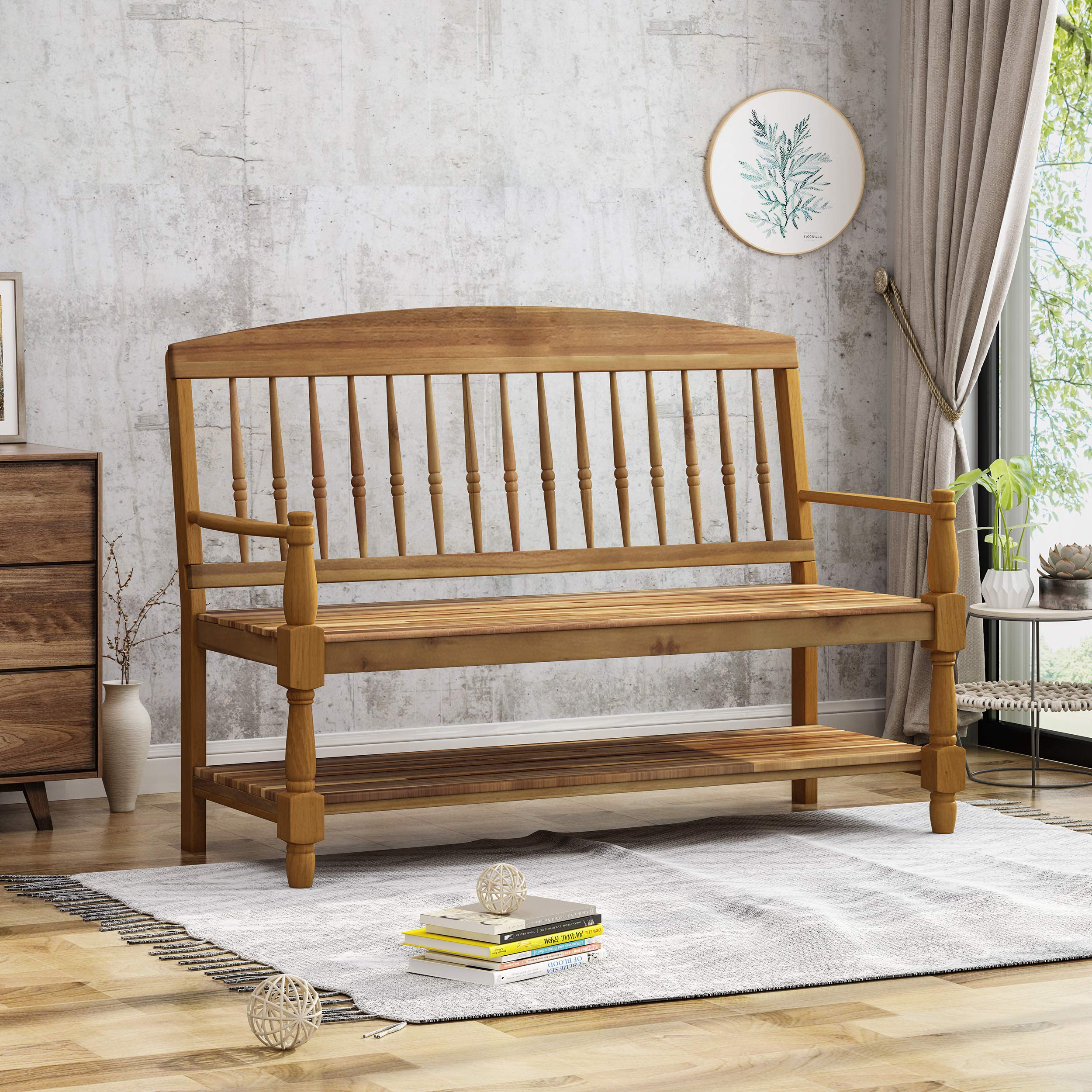 Christopher Knight Home Eddie Indoor Farmhouse Acacia Wood Bench with Shelf, Teak Finish