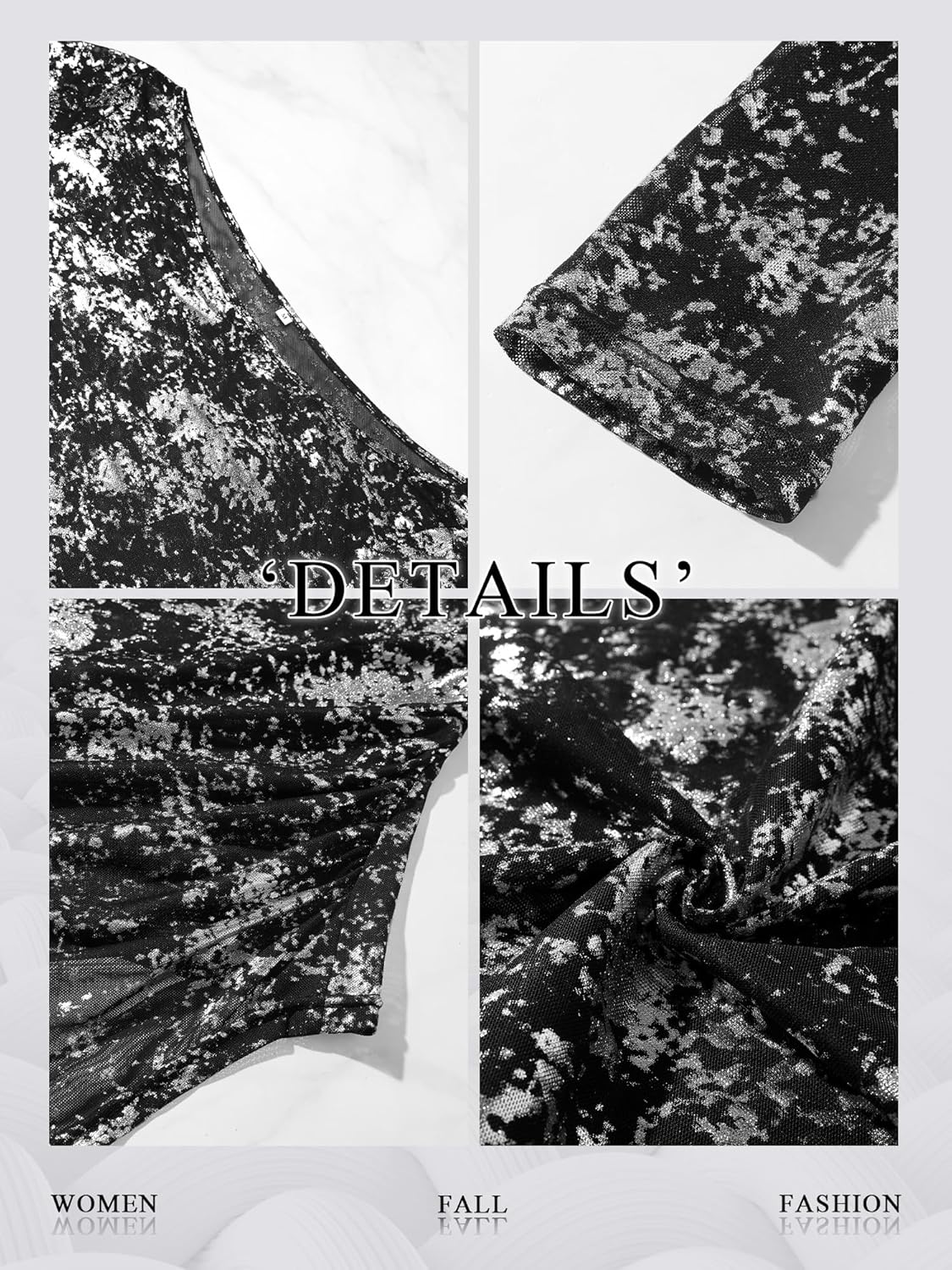 Women's Long Sleeve See Through Glitter Tops Ladies Boat Neck Mesh Sheer Sparkly Sexy Tight Blouses - Image 5