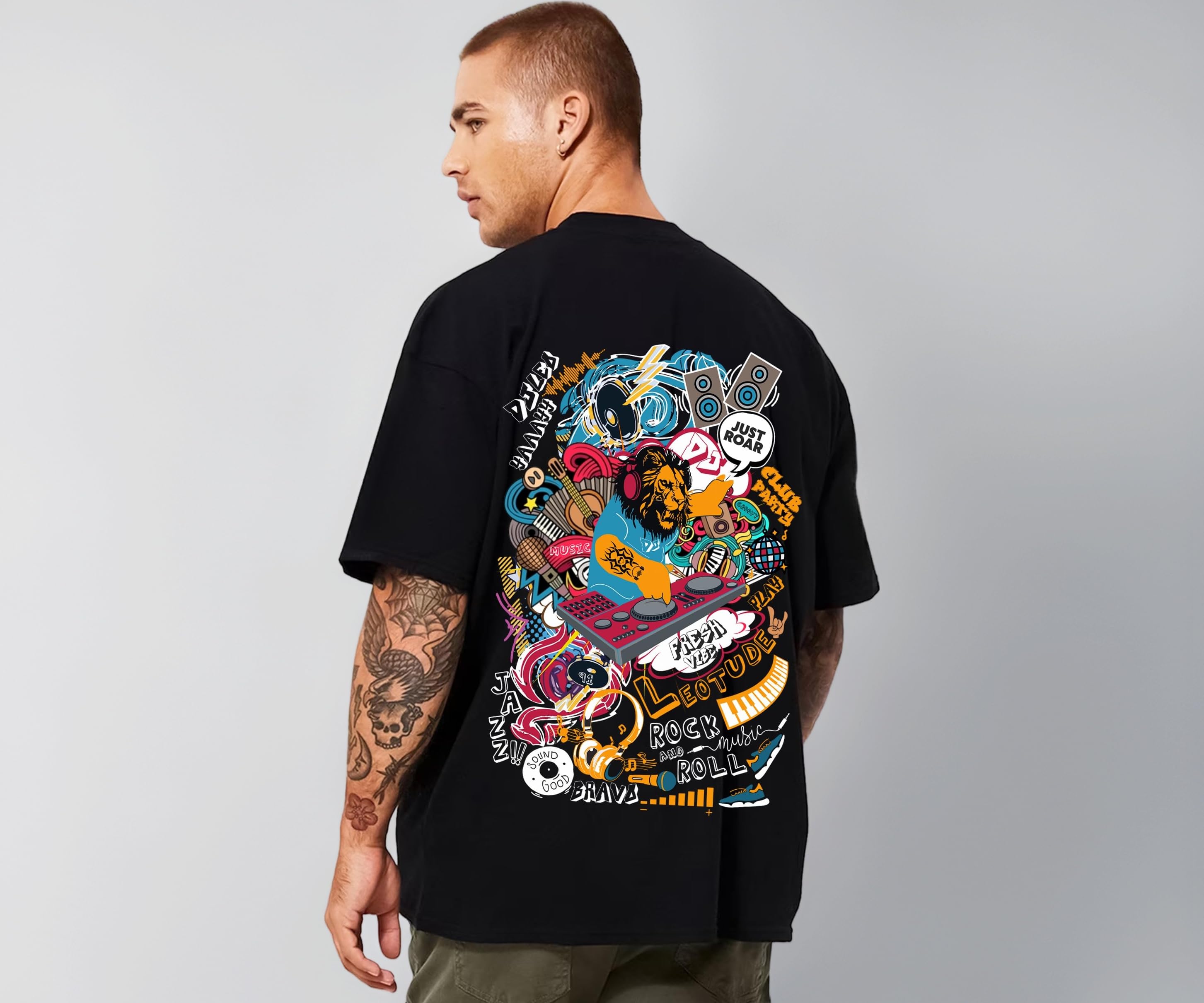 Men's Oversized Cottonblend Round Neck Half Sleeve Back Printed Drop Shoulder Tshirt(Color : Navy)