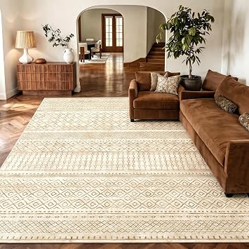 Amada Homefurnishing 8x10 Washable Area Rugs, Beige Boho Geometric Low-Pile Rug with Non-Slip Backing, Stain Resistance & Durable Edge Binding, Soft Indoor Carpet for Living Room, Bedroom, Dining Room