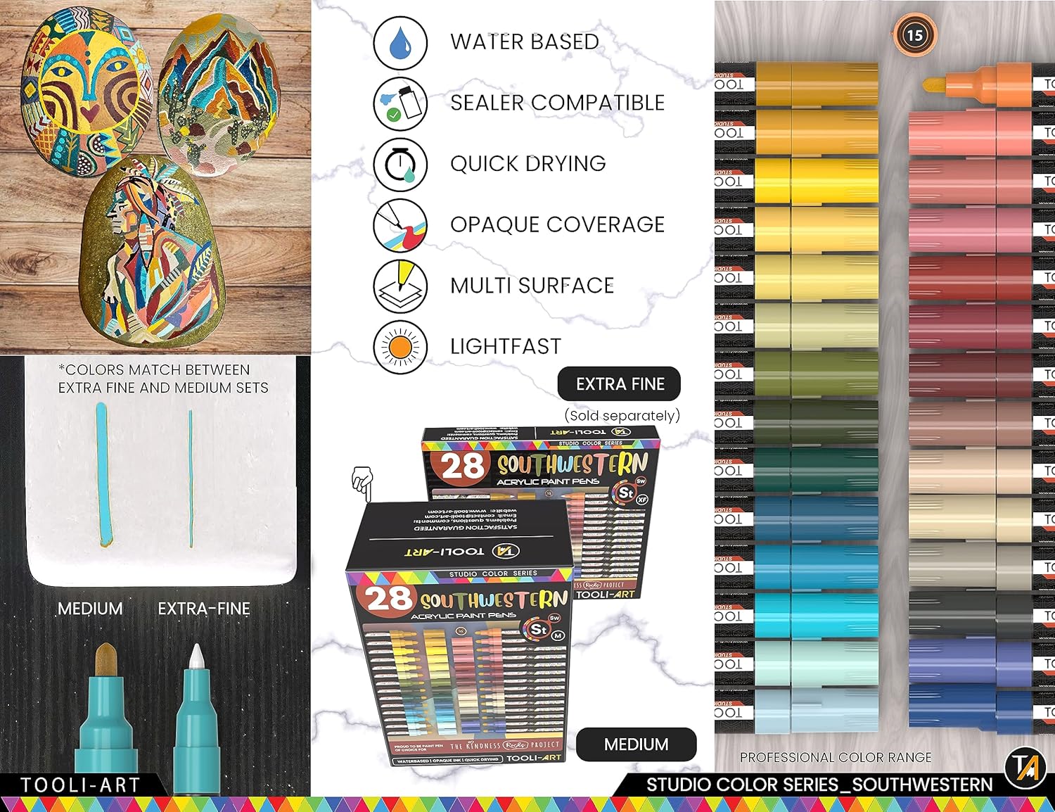28 Southwestern Colors Acrylic Paint Pens Studio Color Series Markers Set 3mm Medium Tip, Rock Painting, Glass, Mugs, Wood, Metal, Canvas, DIY Projects, Detailing. Non Toxic, Waterbased, Quick Drying - Image 5