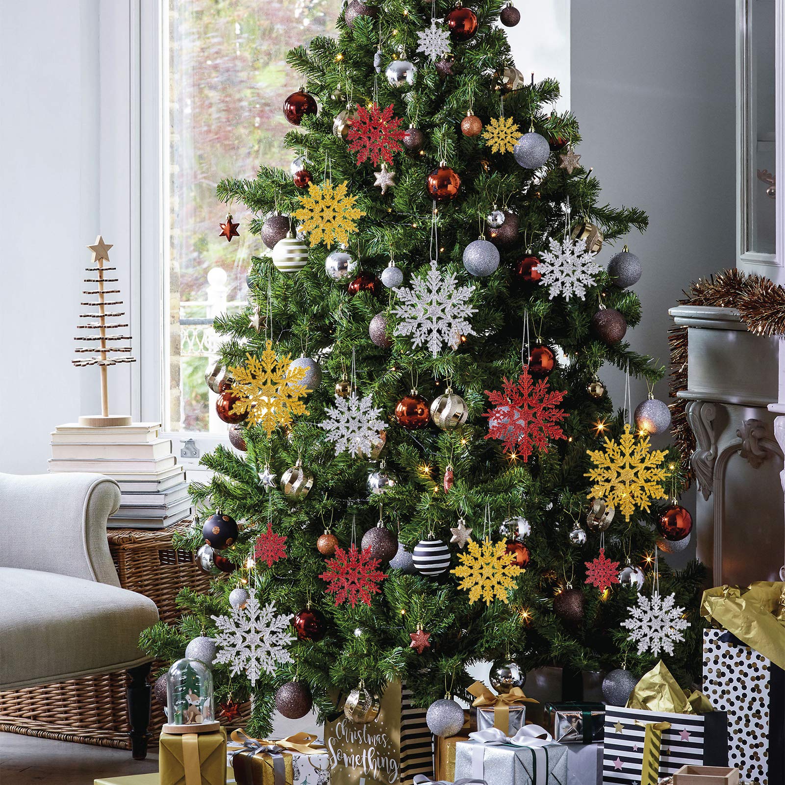 Fiocchi Di Neve Natalizi Con Glitter | 24 Pezzi (12 Oro + 12 Argento) | Decorazioni Albero E Casa - Foto 7