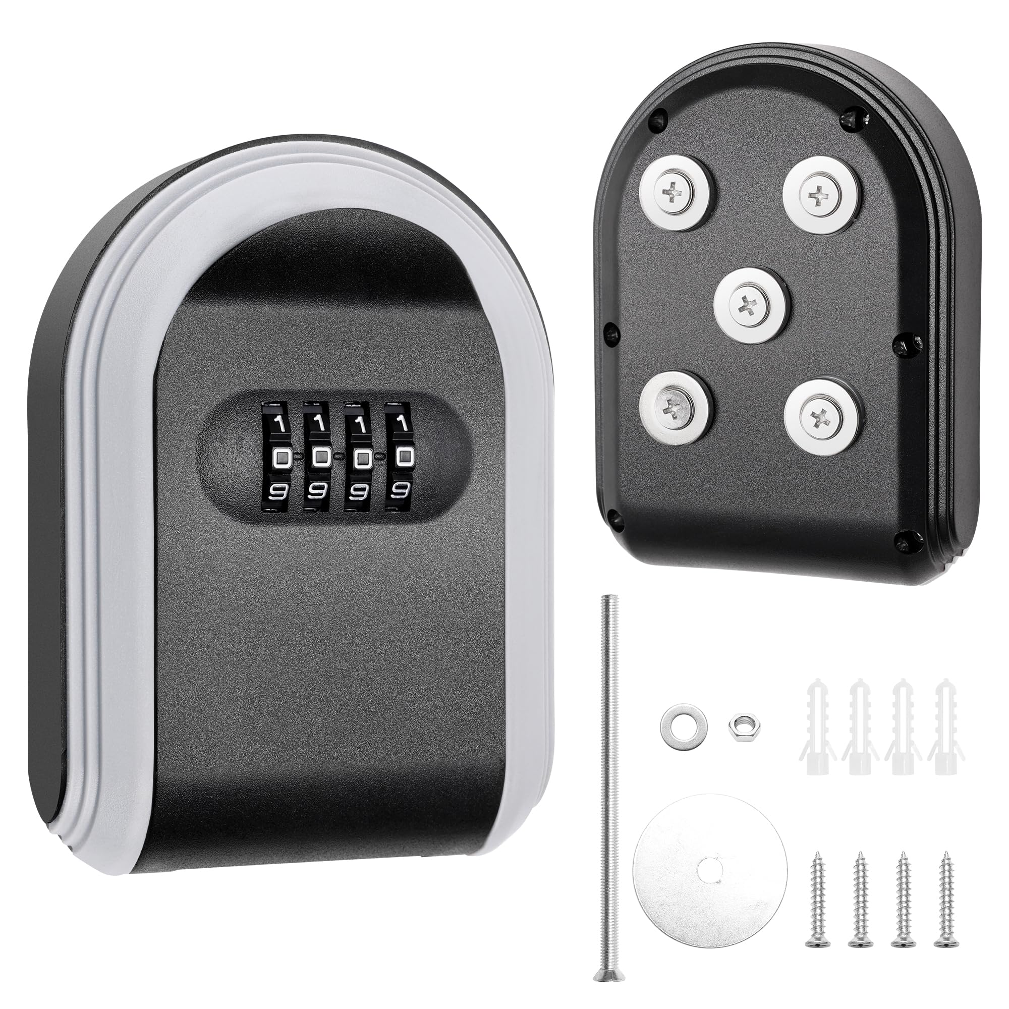 Coldairsoap Magnetic Key Holder with Lock, Magnet Key Lock Box Hidden Under Car, Secure 4-Digit Combination with Resettable Code For for Indoor, Outdoor Store Car Key, Door Key (Black+Grey)