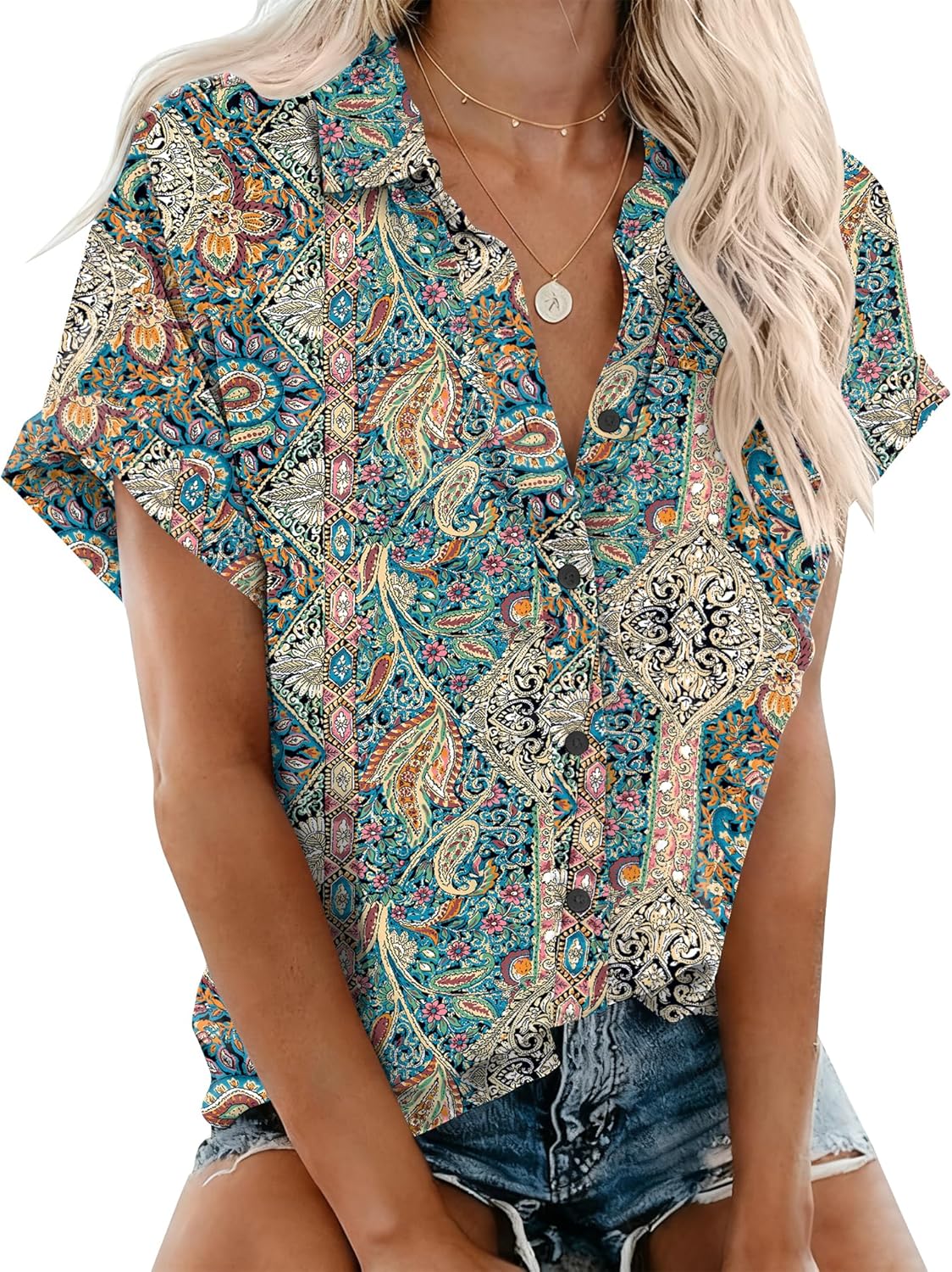 Rapbin Women's Button Down Shirt Short Sleeve Casual Blouse Shirts V Neck Collared Tops