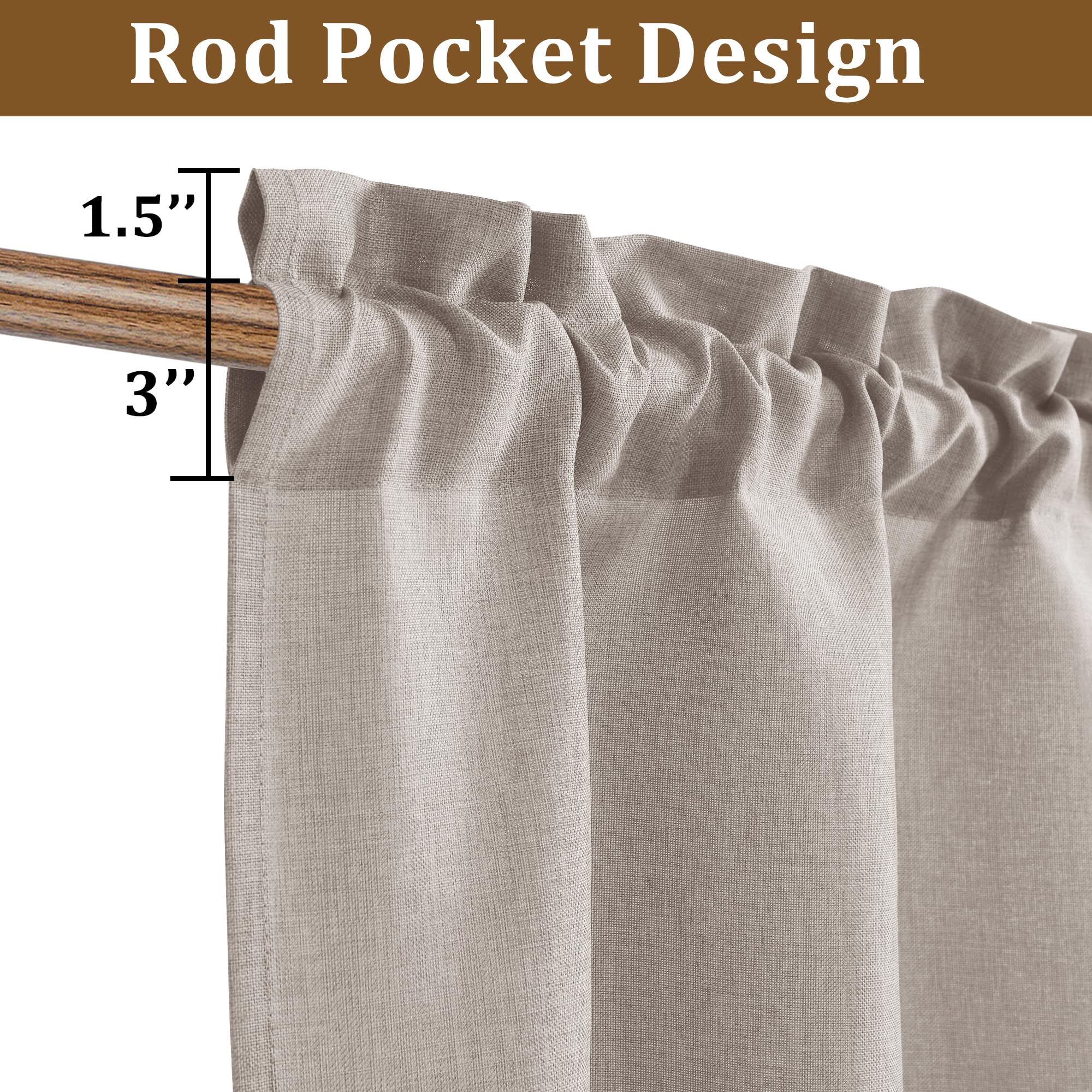 JIUZHEN Faux Linen Valance Curtains - Light Filtering Short Window Treatment with Rod Pocket, Farmhouse Valances for Kitchen Living Room Bedroom Bathroom, 42 x 12 Inch, 1 Panel, Stone - 4