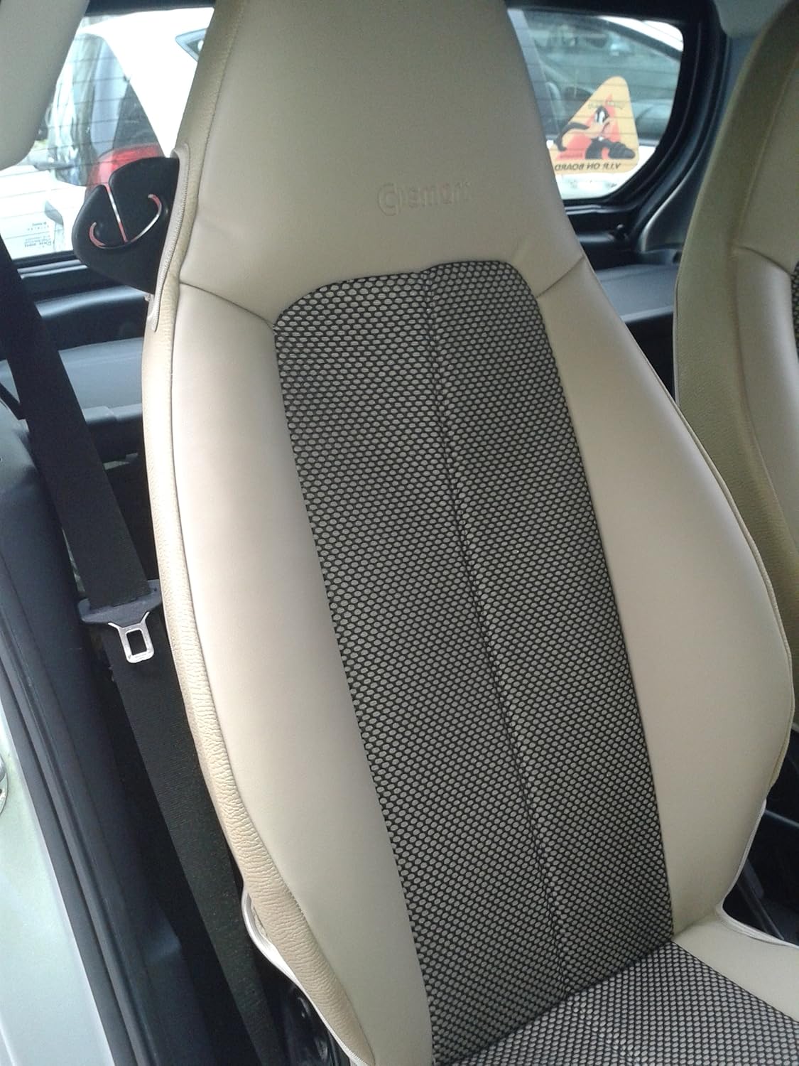 Mix Leatherette (Sides) and Two Tone Synthetic Fishnet (Insert) Custom Fit Smart Car Seat Covers - Sponge/Foam Padding (Smart Fortwo 1998-2007 (450), Beige Sides/Beige & Black Insert)
