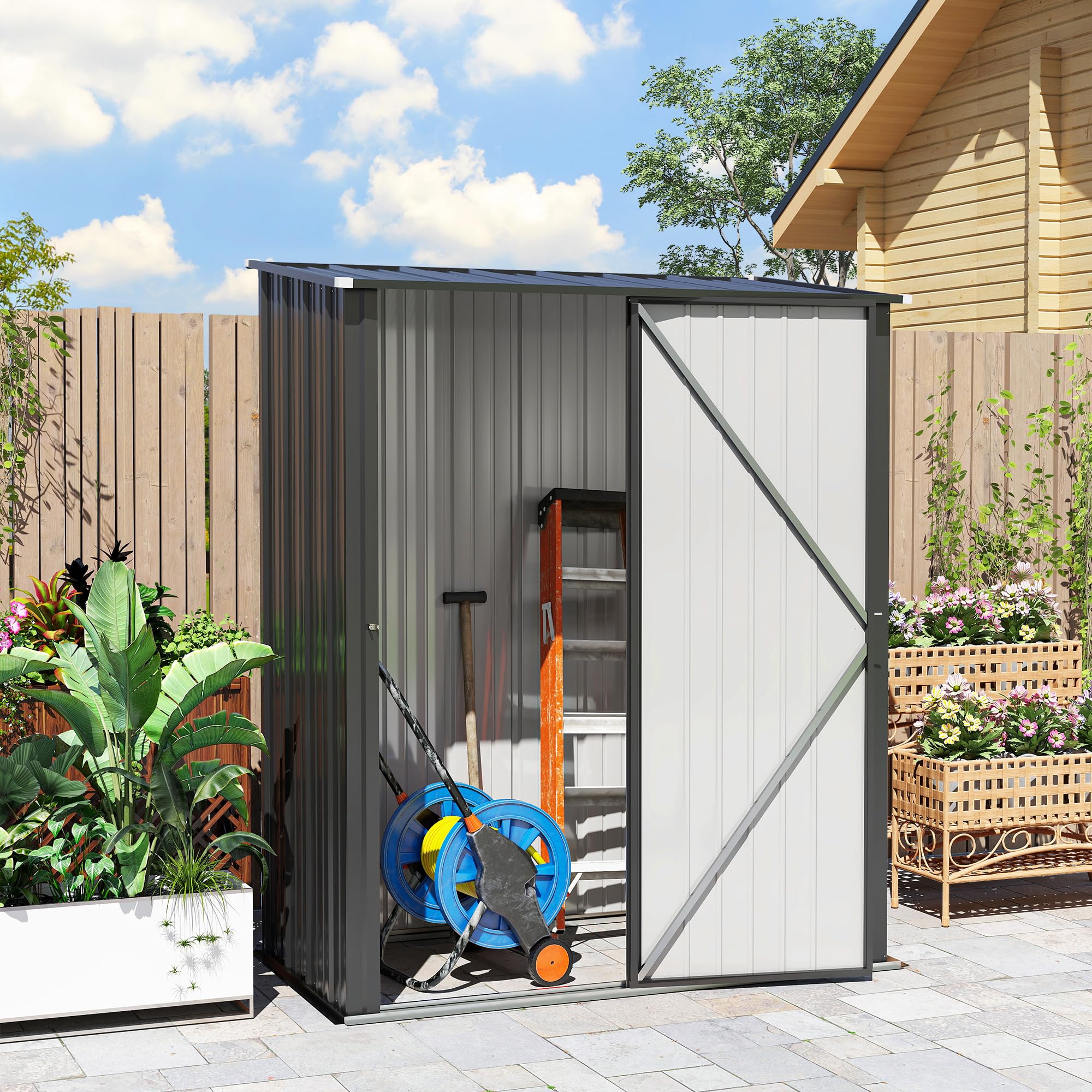 Outsunny schowek narzędziowy z dachem jednospadowym 1,34 m² – zamykany metalowy domek ogrodowy z ocynkowanej stali, czarny, 161,5 x 94,5 x 196 cm