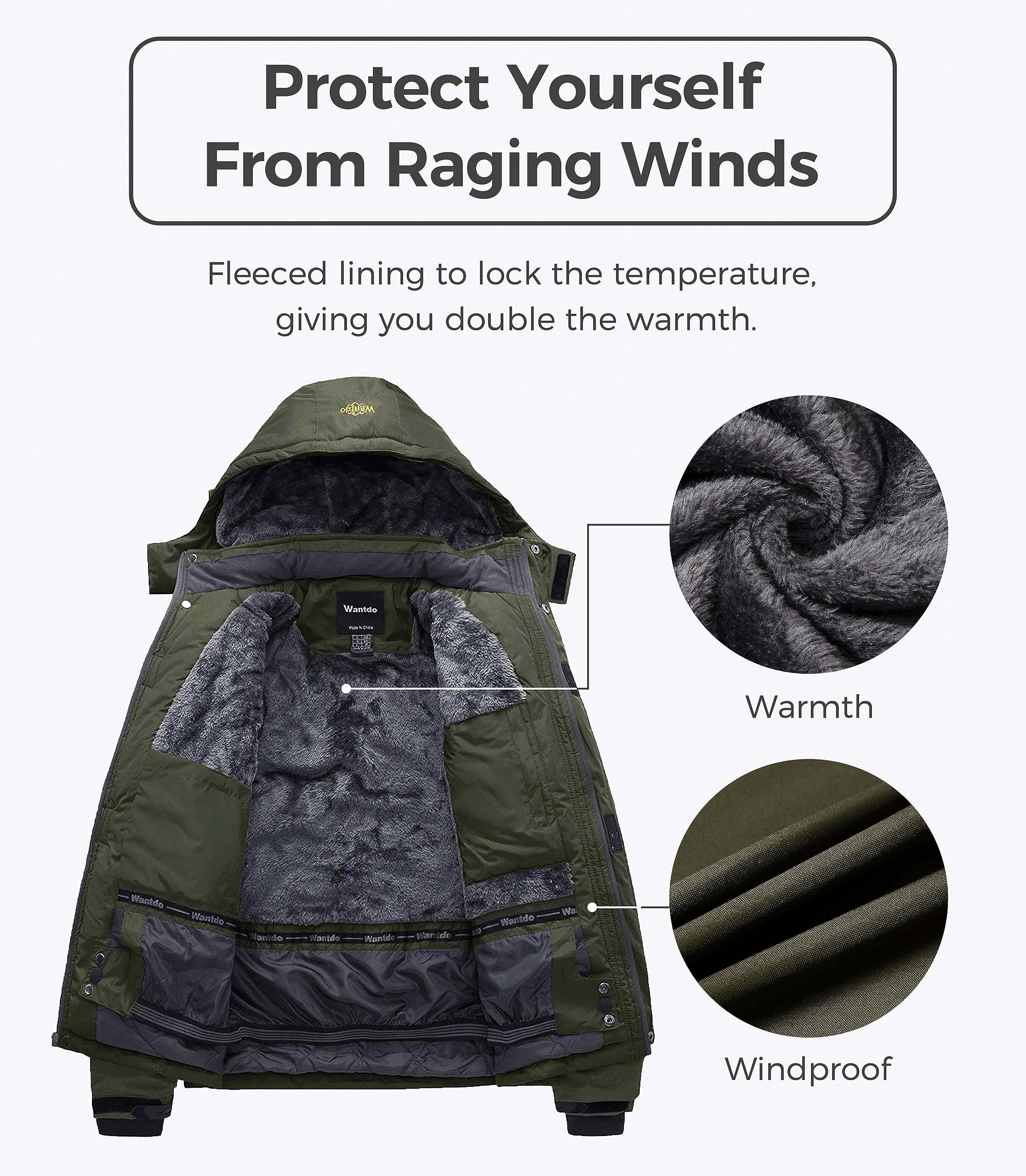 Wantdo Giacca da Sci Montagna Calda Invernale Parka da Neve Imbottita Cappotto da Snowboard in Pile Giubbotto con Cappuccio Impermeabile Uomo