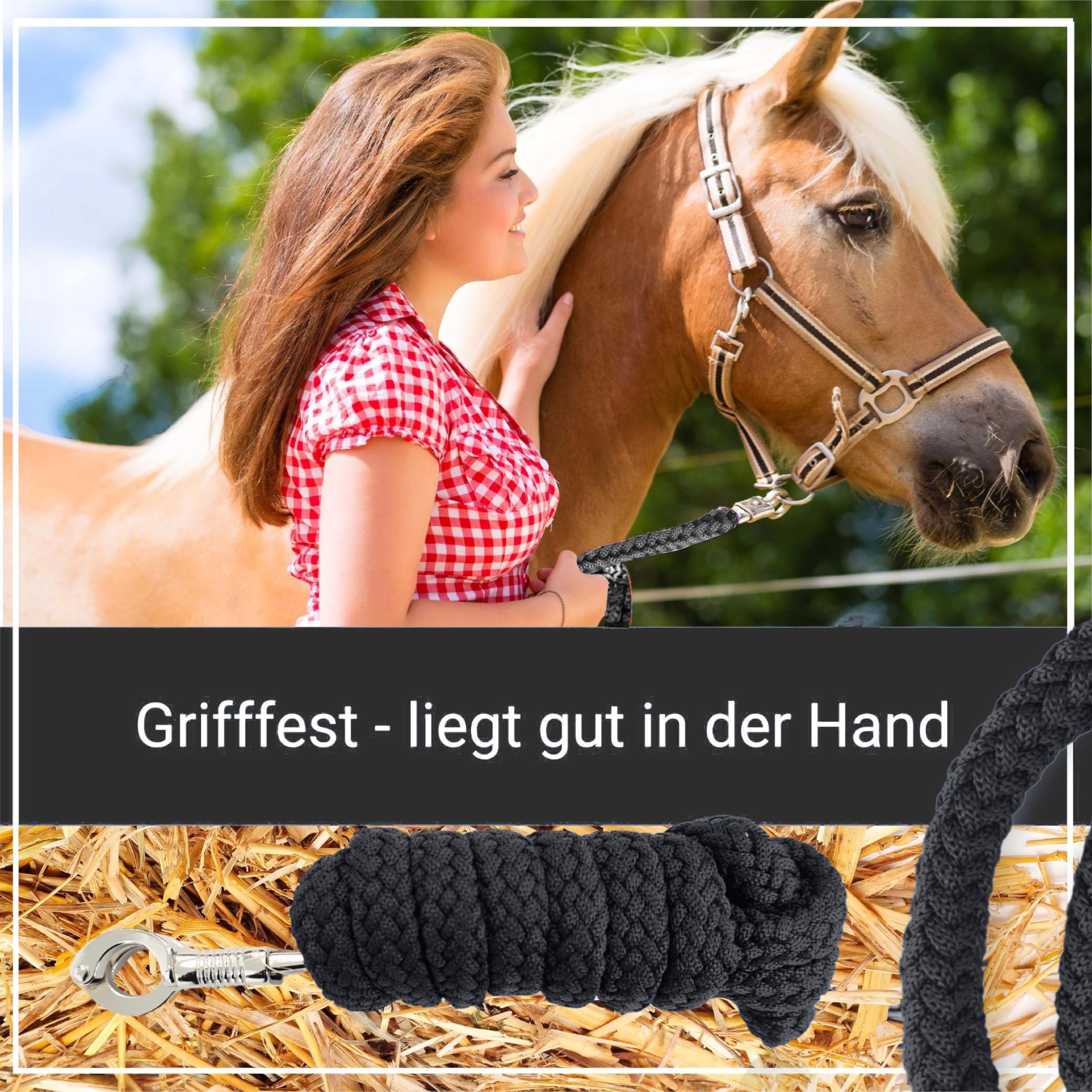 Cuerda para caballos con gancho de pánico estable, longitud 2 m, muchos colores (negro y negro)