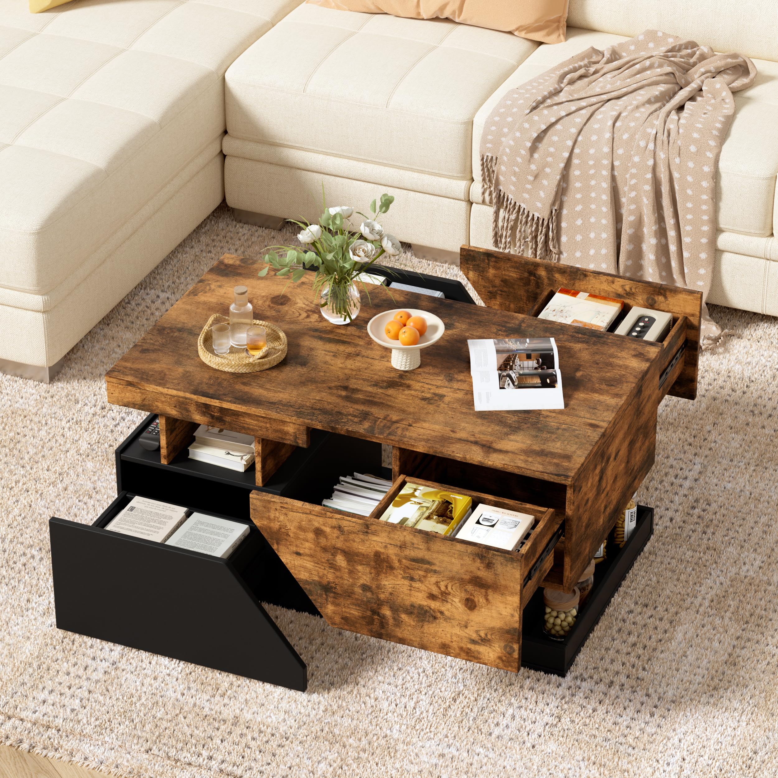 MSFE Couchtisch LED, Wohnzimmer Möbel mit 4 Schubladen und Offener Lagerraum, Couchtisch mit stauraum, Sofa Tisch, Wohnzimmertisch für Wohnzimmer/Esszimmer, Wohnzimmermöbel,Zwei Pakete