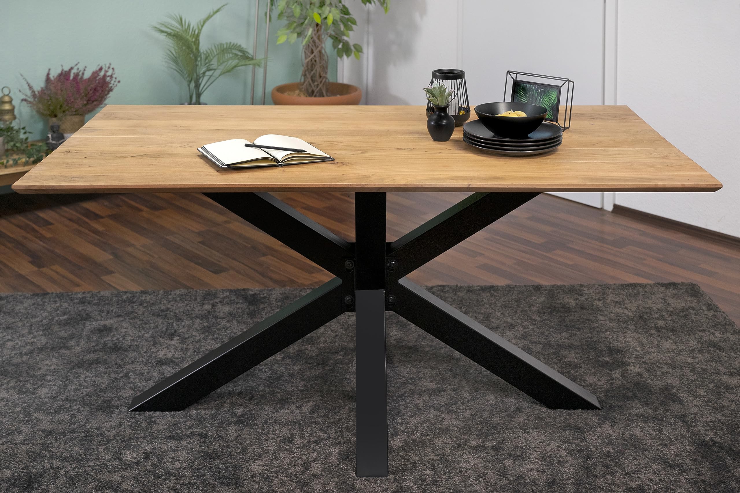 SAM Esstisch Abby 160x85 cm Akazie Natur Schweizer Kante Spider schwarz | massiver Holztisch, Akazienholz naturfarben, 26 mm Tischplatte, Metallgestell, Esszimmertisch
