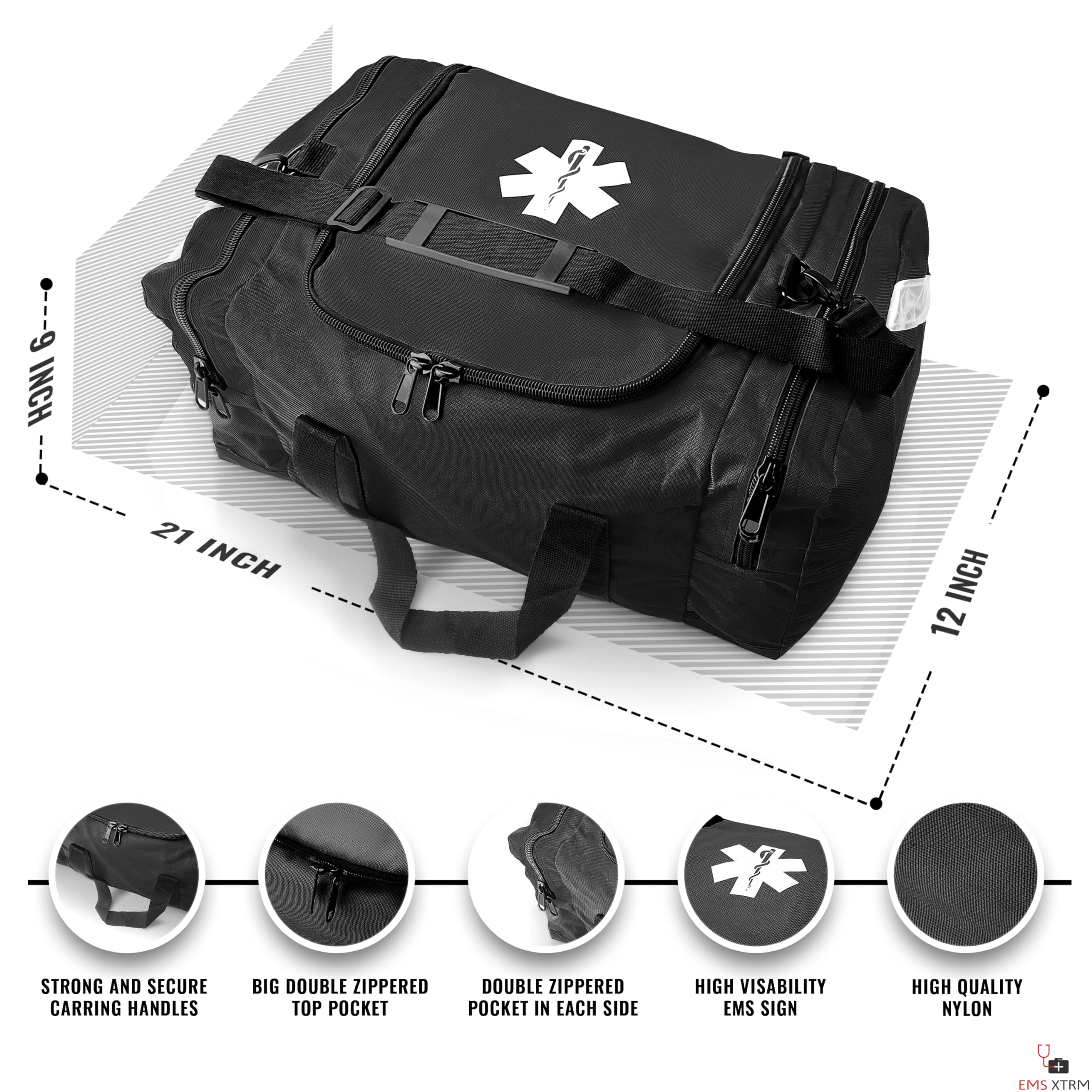 EMS XTRM Large EMT Bag - Spacious, Multi-Compartment Medical Bag, Empty First Aid Bag for EMS, Hospitals, and Rescue Teams, Durable and Water-Resistant (Black)