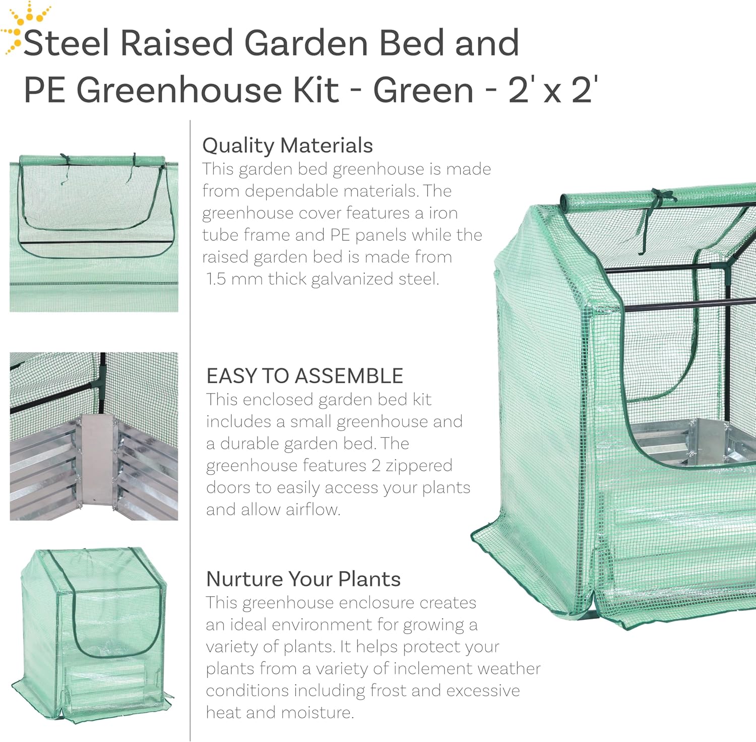 Sunnydaze Steel Raised Garden Bed with Mini Greenhouse - Outdoor Greenhouse Kit - 2 Zippered Doors - 2' x 2' - Green