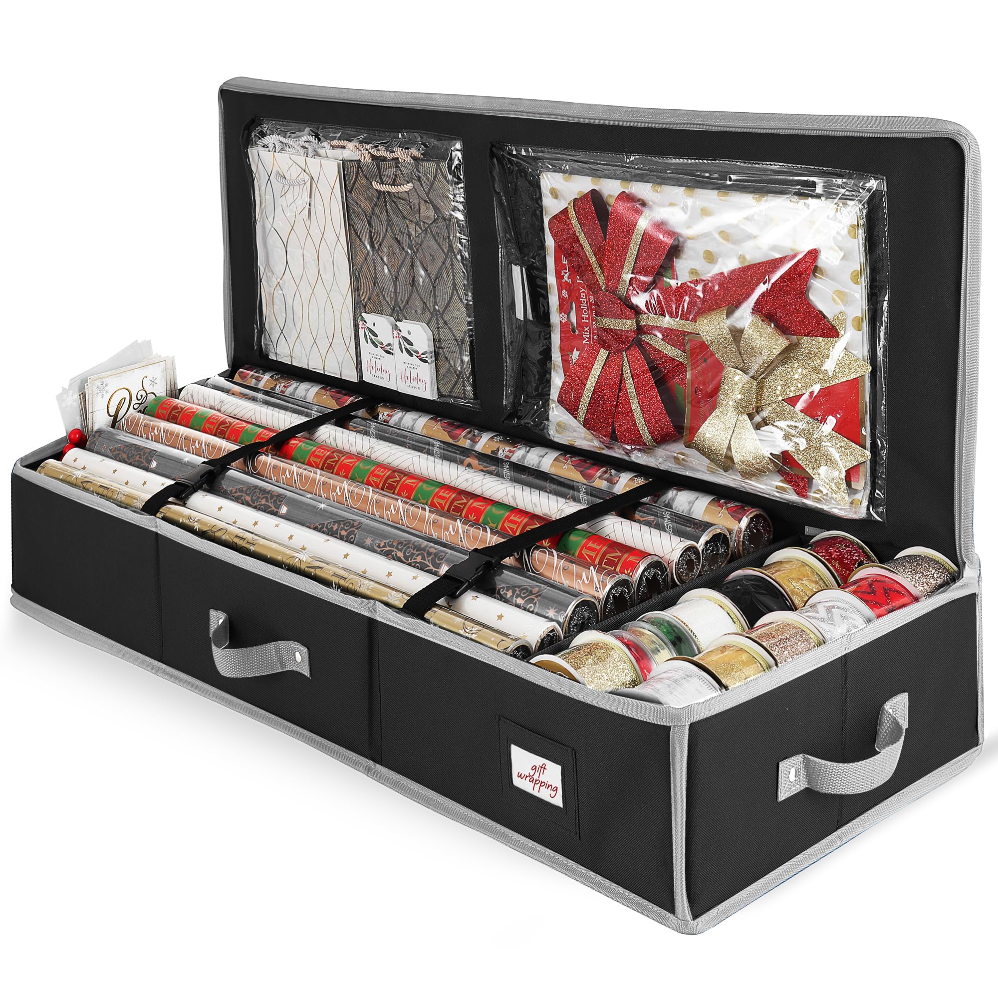 Hearth &amp; Harbor Wrapping Paper Storage Container - Christmas Storage Bag with Interior Pockets - Gift Wrapping Organizer Storage Fits Up to 22 Rolls of 40" - Tear Proof Wrapping Paper Organizer