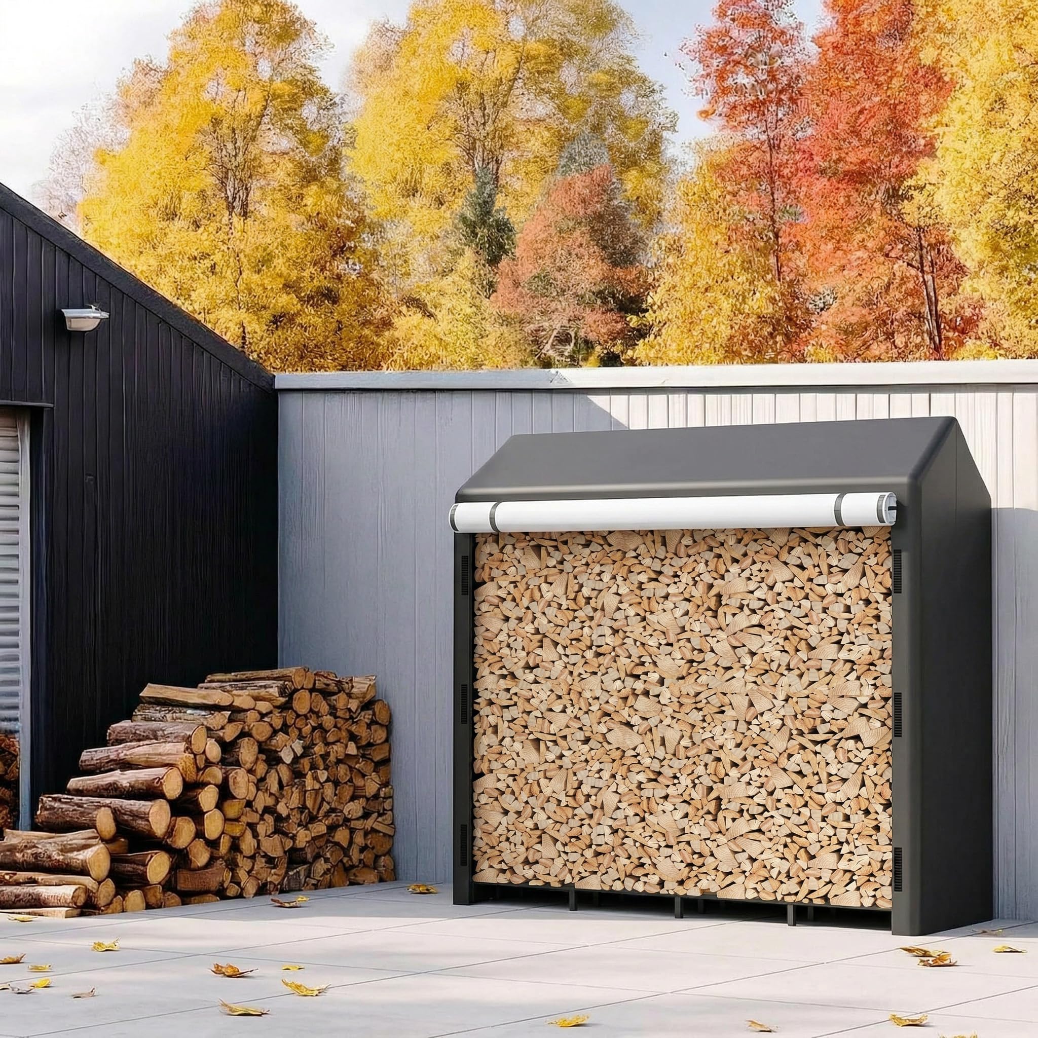 Himimi® Kaminholzregal für den Außenbereich mit Dach und integrierter Abdeckung, 185 x 70 x 185 cm, 2,4 m³/3,5 SRM - Wetterfestes Brennholzregal