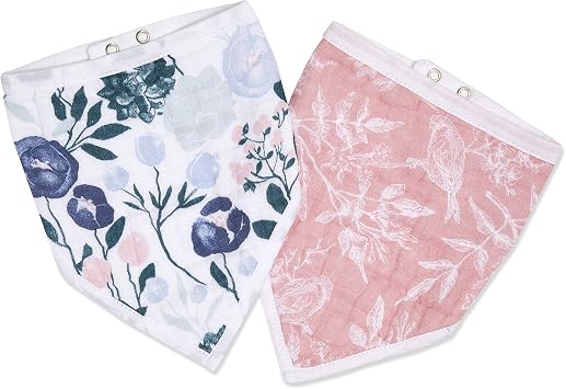 aden + anais essentials Bandana Baby Bib, 100% Cotton Muslin, 3 Layer Burp Cloth, Super Soft & Absorbent for Infants, Newborns and Toddlers, Adjustable with Snaps, 2 Pack, flowers bloom