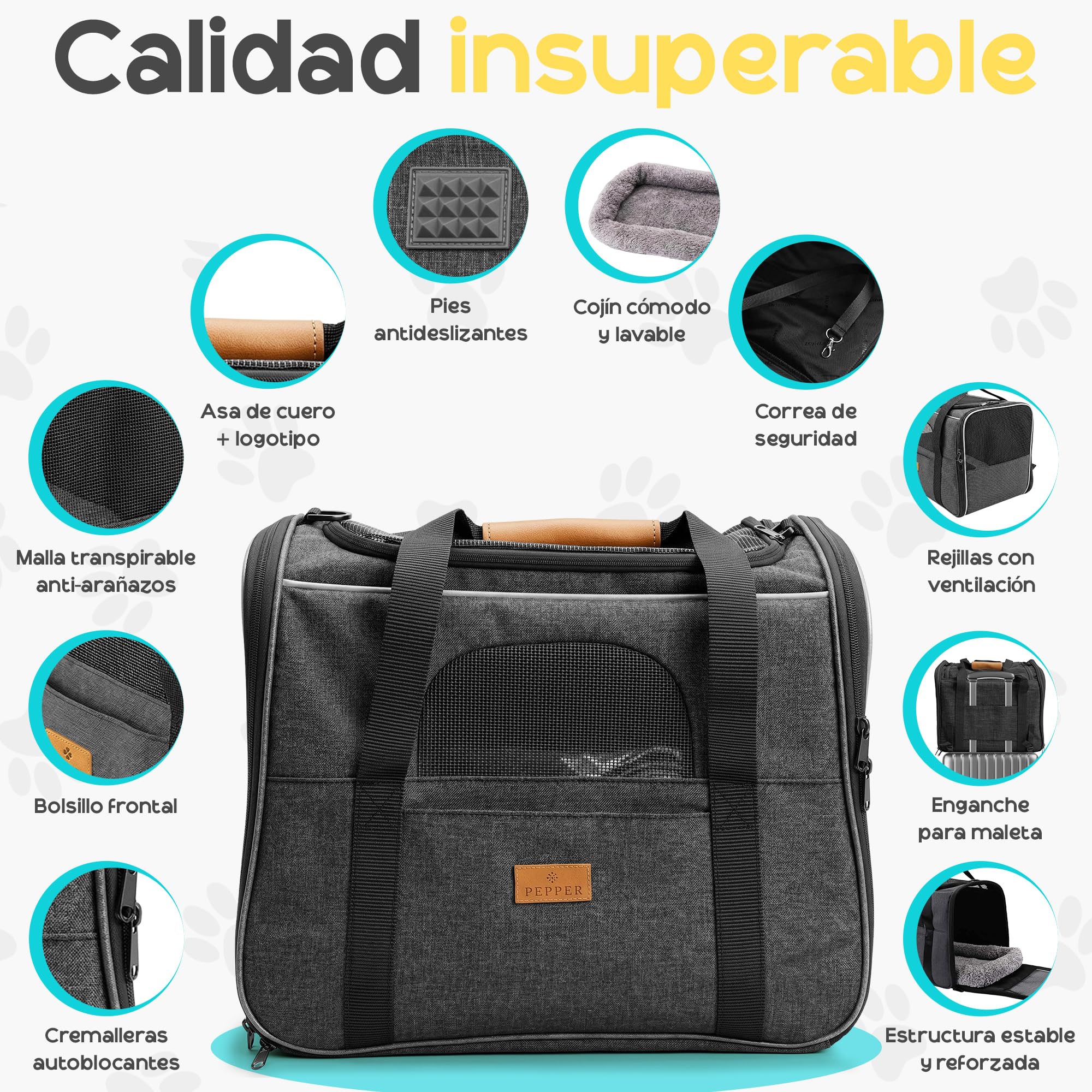 PEPPER® Transportin Gato Perro Pequeño | Bolsa de Transporte Plegable y Transpirable con Ventilación 360º Cómodo y Seguro con Bebedero Plegable, Cojín Suave Lavable y Correa de Hombro Ajustable