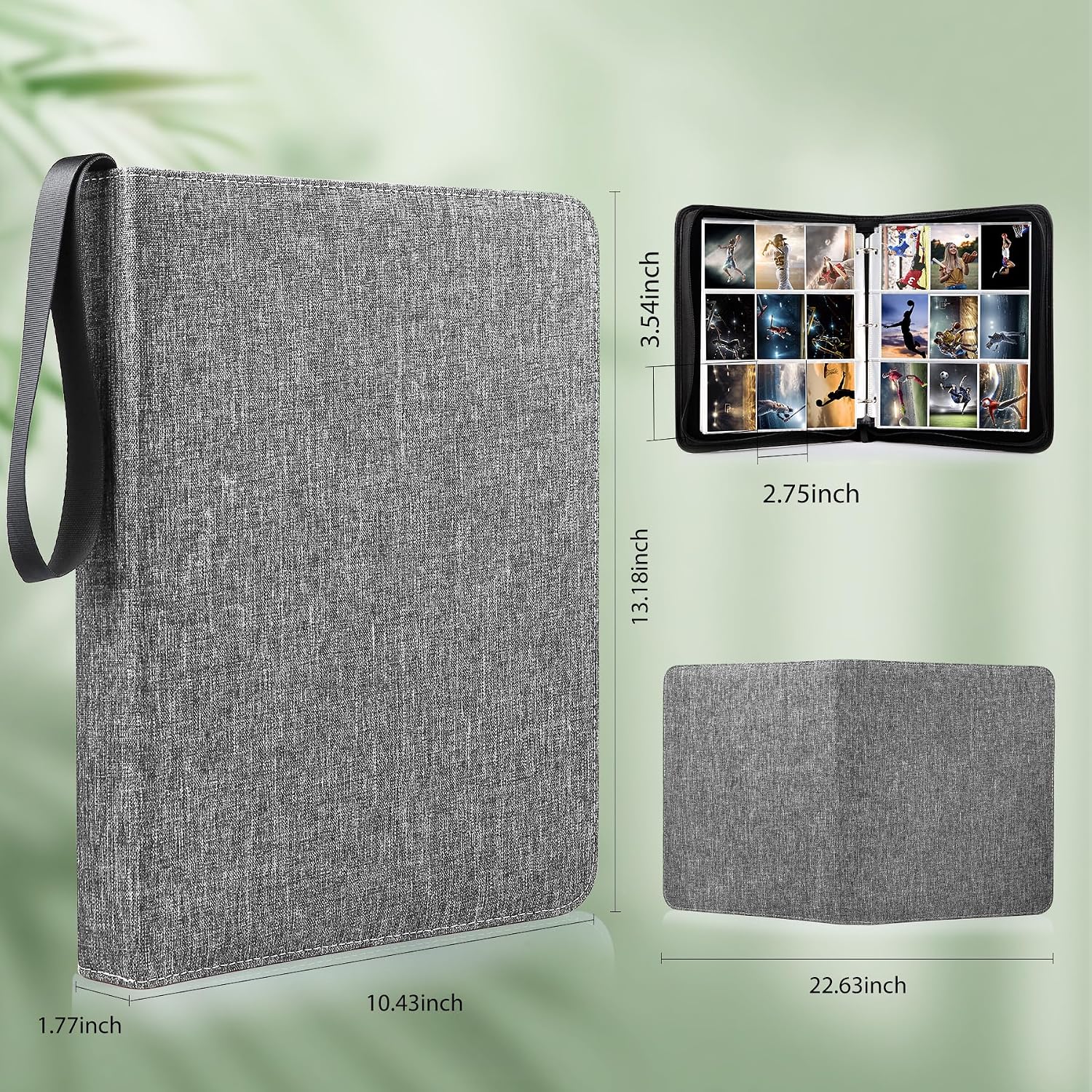WOT I Trading Card Binder, 900 Pockets Collection Card Binder Sleeves with Polyester Fabric Cover&Zipper, Double Sided Pockets Card Holder Carry Card Case for Standard Size Cards - Grey image 2