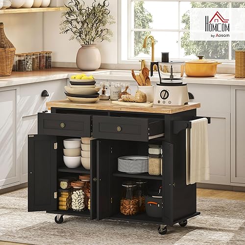 Miniatura 2 de HOMCOM Carrito de isla de cocina con parte superior de madera de goma, mesa de isla de cocina con ruedas con cajones, estantes ajustables, estante