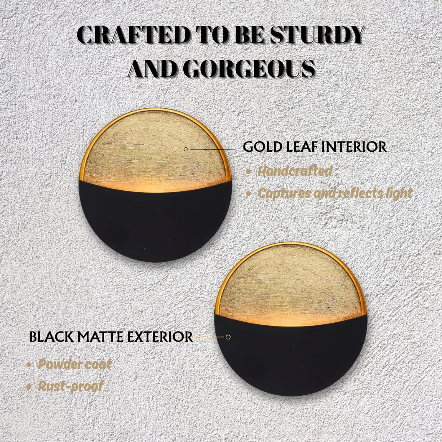 Black Wall Candle Holder Set of 2 with Gold Leaf Interior, Metal Wall Candle Sconces, Vintage Style Wall Decor for Living Room, Bedroom, and Dining Room