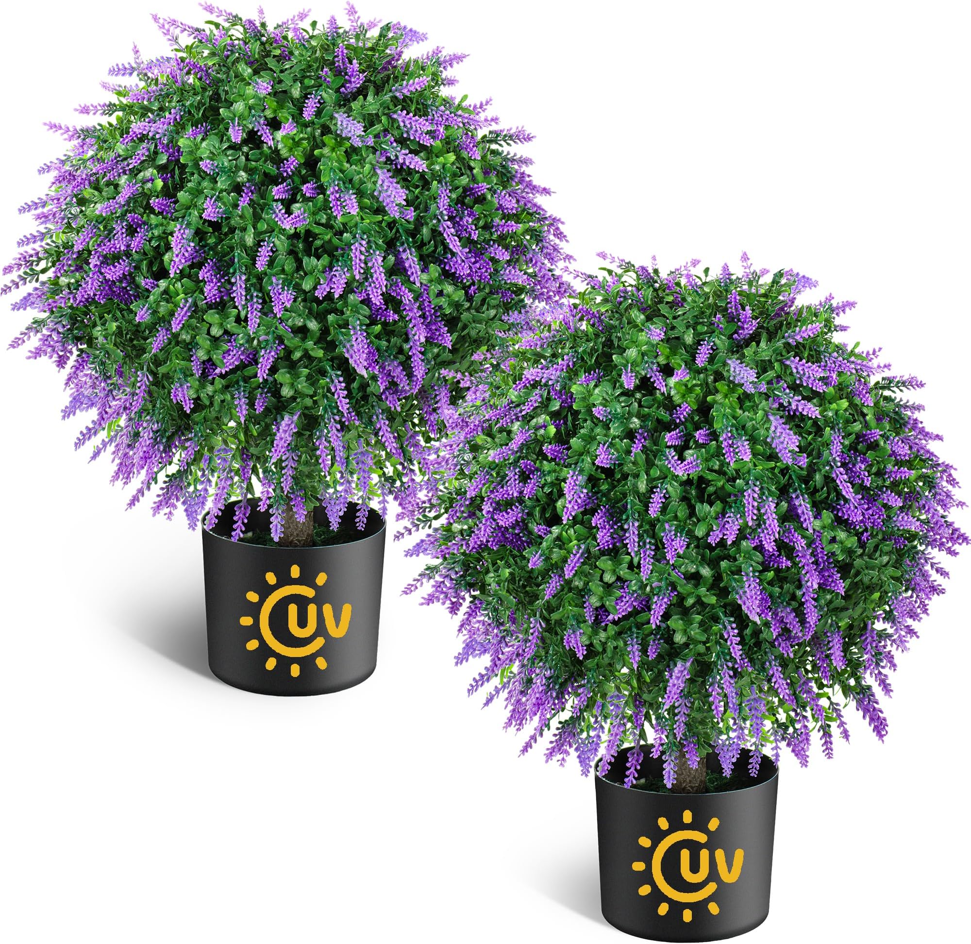AOKIIE 21.6“ Artificial Lavender Topiary Ball Trees Set of 2, UV Protected Outdoor Faux Potted Plants with Cement Pot, Evergreen Shrubs Bushes for Front Door Porch Garden Backyard