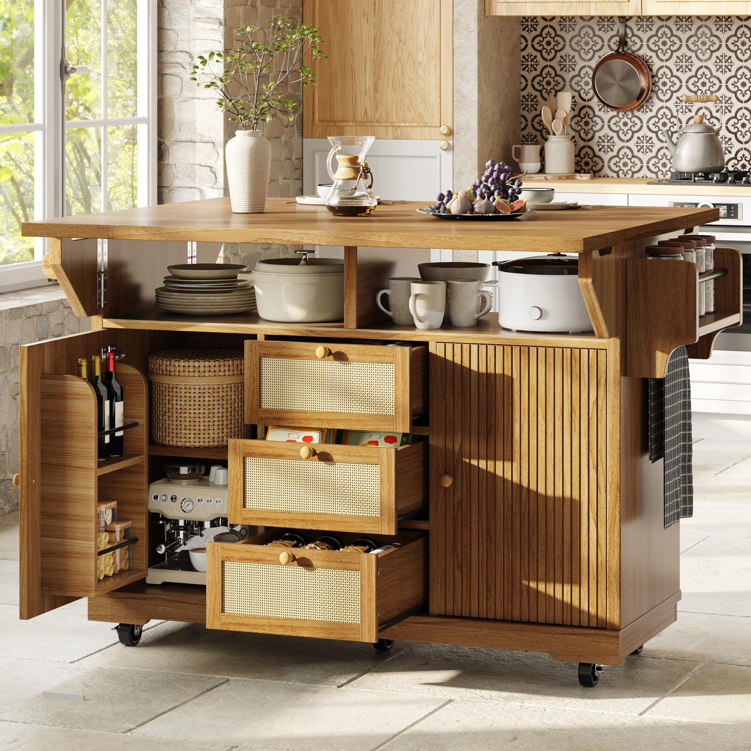 Desserte à roulettes Îlot de Cuisine 95 cm Extensible Multifonction, Plan Rabattable 3 Tiroirs, Gain de Place Cuisine Balcon Camping Appartement, Marron Foncé