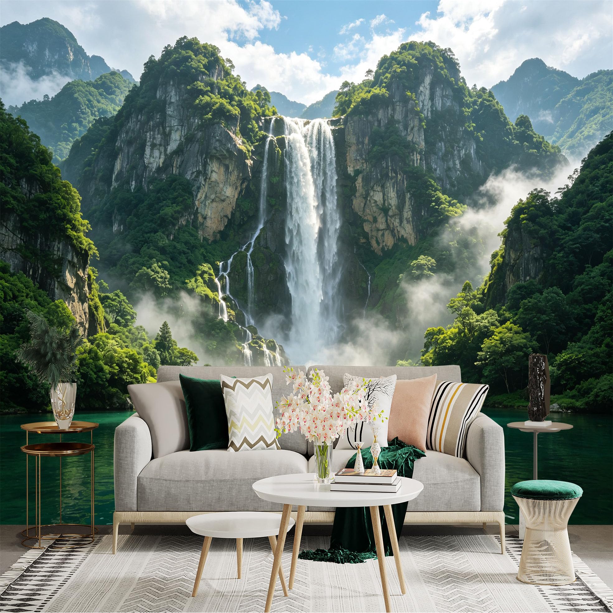 Custom Size Wall Sticker Mural， Majestic Waterfall， Lush Green Mountains， Tropical Mist， Serene Turquoise River， for wall Decoration， peelandstick wall Decals.