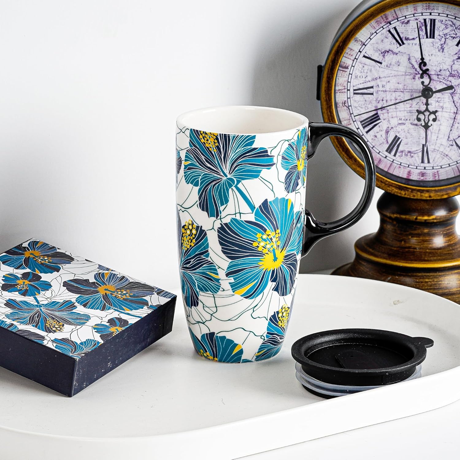 Topadorn Ceramic Coffee Mug Porcelain Latte Tea Cup With Lid Handle and Gift Box 17oz.,Blue Flowers - Image 3